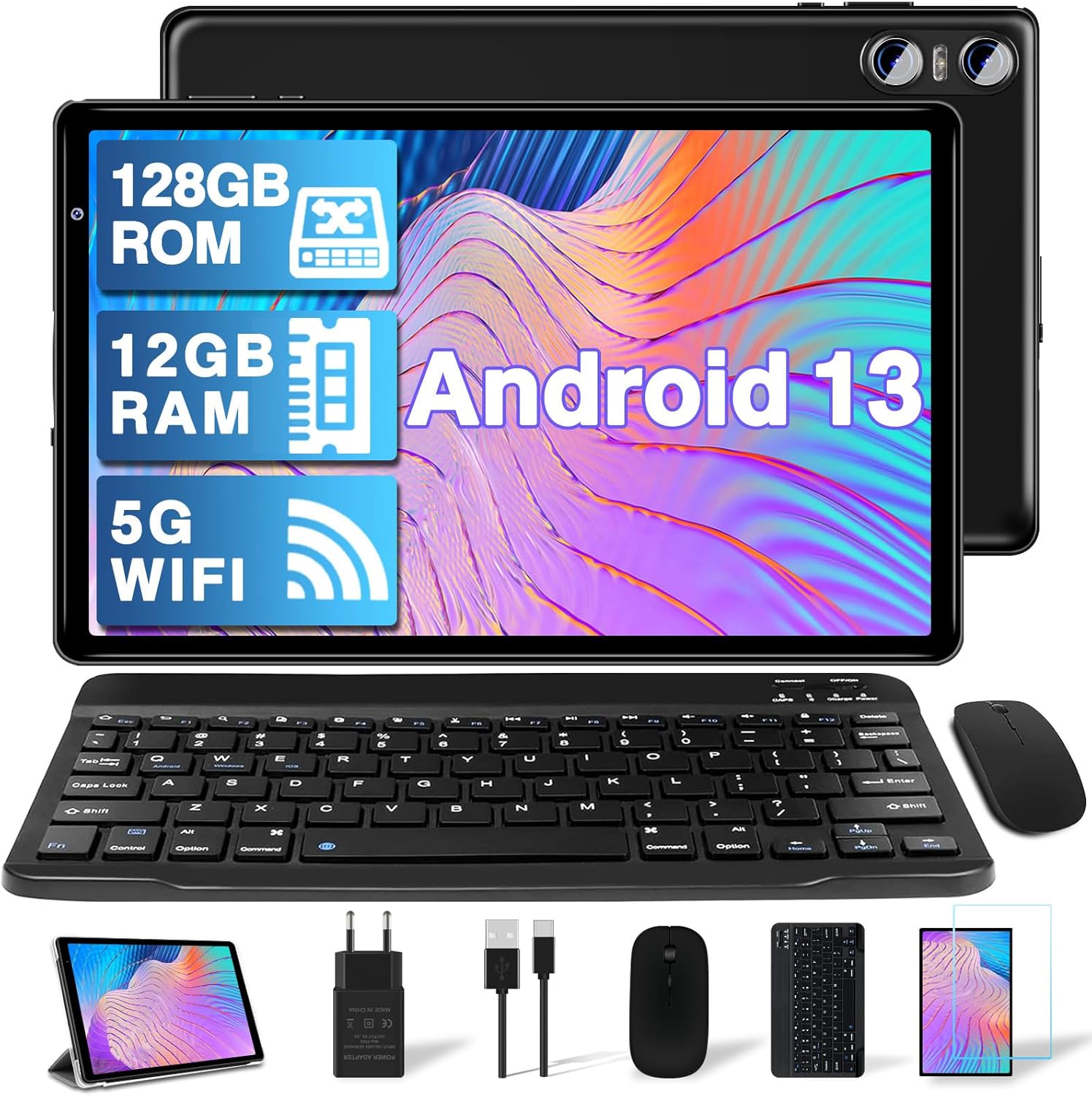 YESTEL Tablet 10 Pollici Android 13 OS con 5G WiFi, 12GB RAM 128GB ROM (TF 4-1TB),Processore 2.0 Ghz, FHD Tablet 2 in 1, Octa-Core, Bluetooth 5.0, 6000mAh, Tablet con Tastiera, 5MP+8MP, Nero