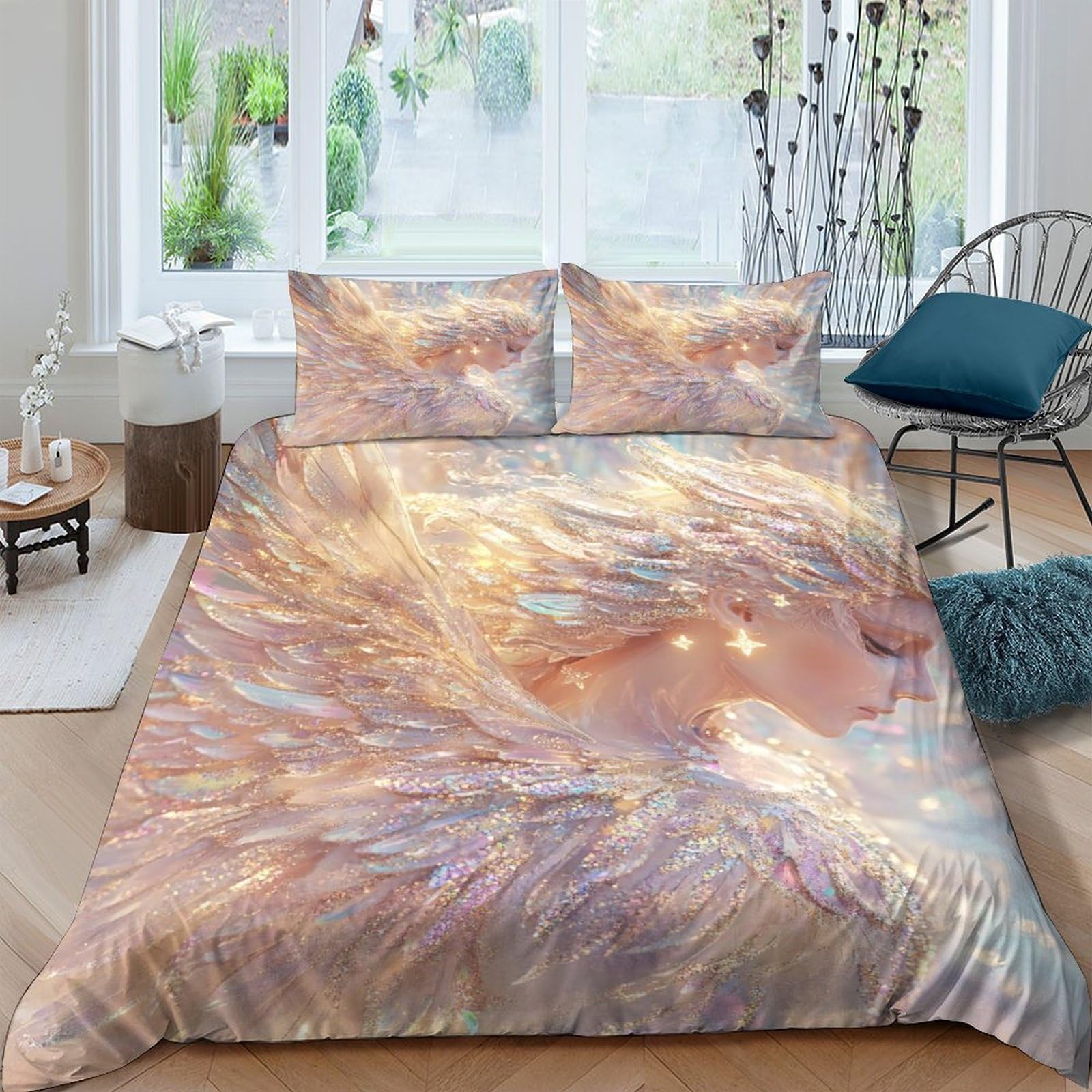 Ctjqhvkz Style-4 3D Printed Abstract Golden Feather Fitted Sheet Microfiber Soft Bed Cover For Bedroom Guest Room Decor Mattress Protection Single（135X200cm）