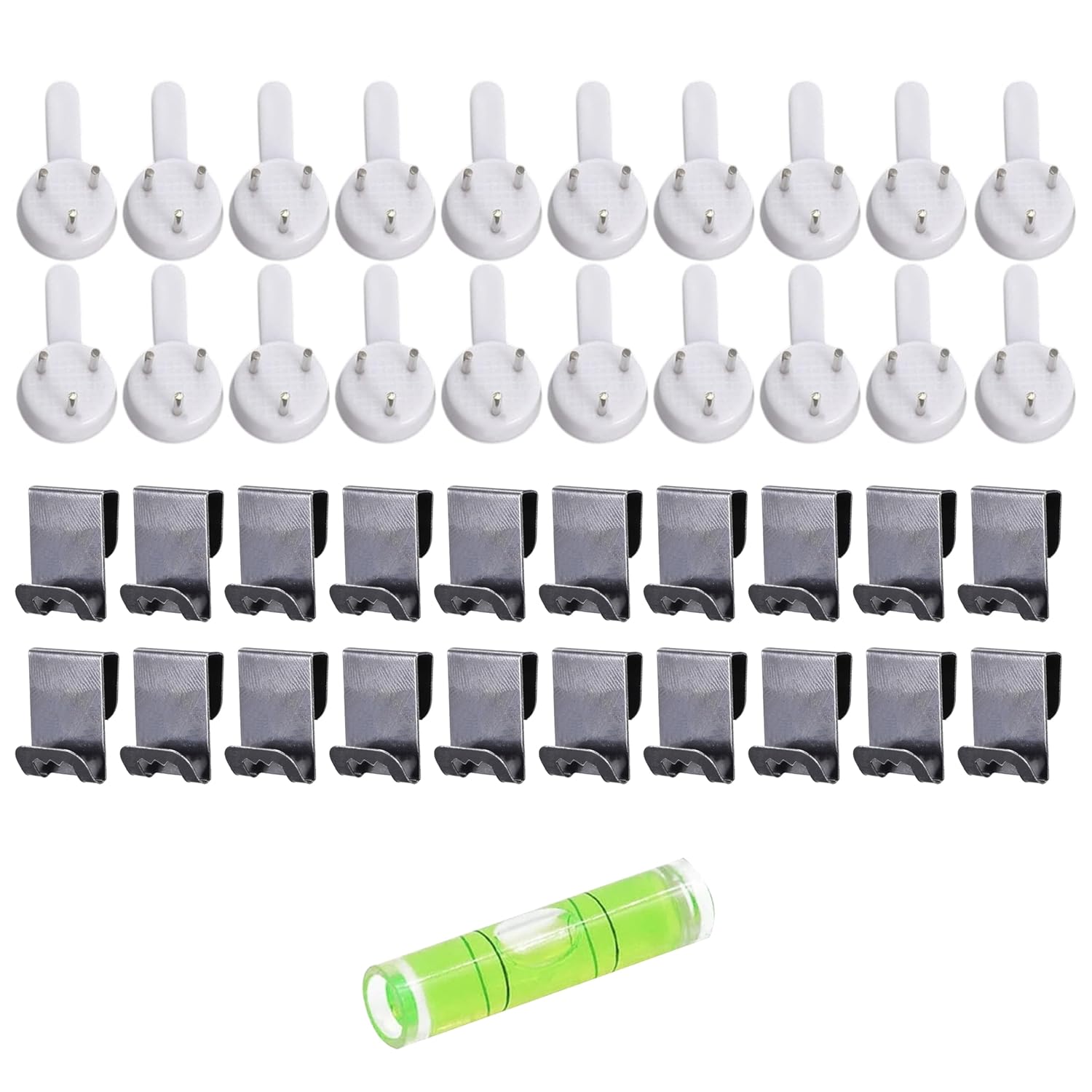 Art Street Hard Plastic White Set of 20 White 3-Pin Seamless Nail 20 S Hook with 1 Spirit Leveler for Photo Frame Wall Picture Frame Hooks Hangers