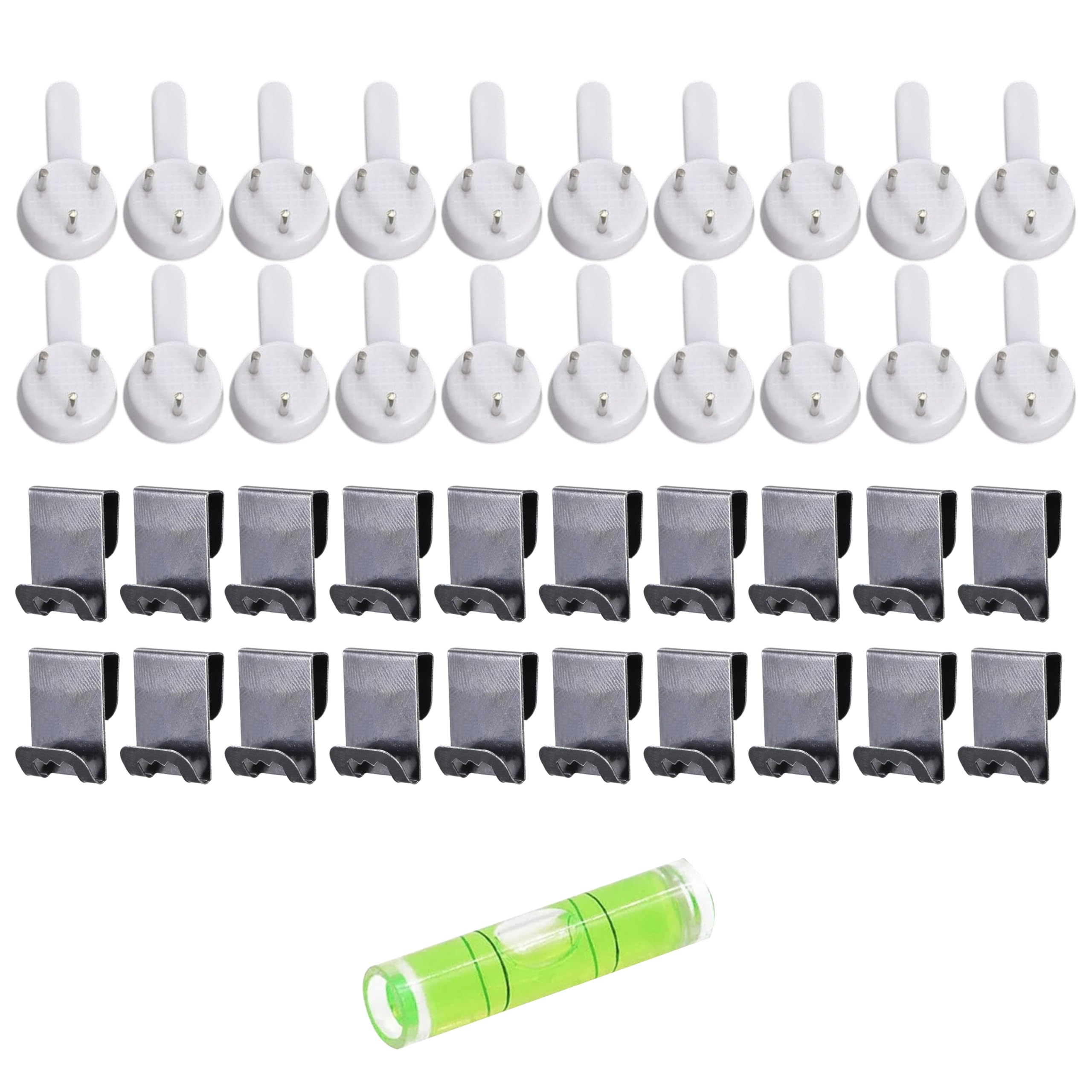 Art Street Hard Plastic White Set of 20 White 3-Pin Seamless Nail 20 S Hook with 1 Spirit Leveler for Photo Frame Wall Picture Frame Hooks Hangers