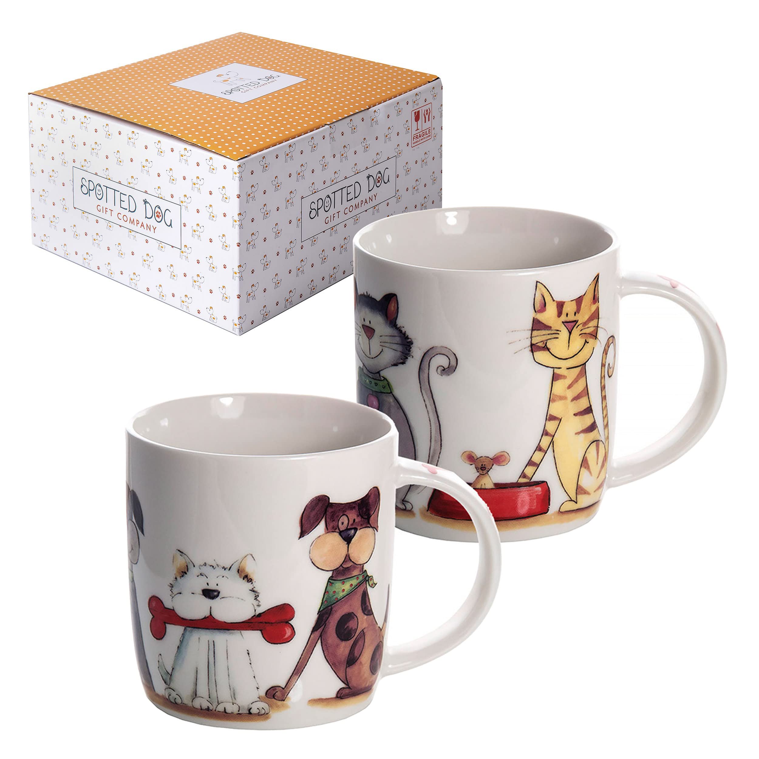 SPOTTED DOG GIFT COMPANY Dog and Cat Coffee Mug Set of 2, Animal Themed Mugs, Ceramic Tea Cups for Hot Drinks, Microwave Dishwasher Safe, Cute Kitchen Gifts for Pet Lovers Owners - 12oz