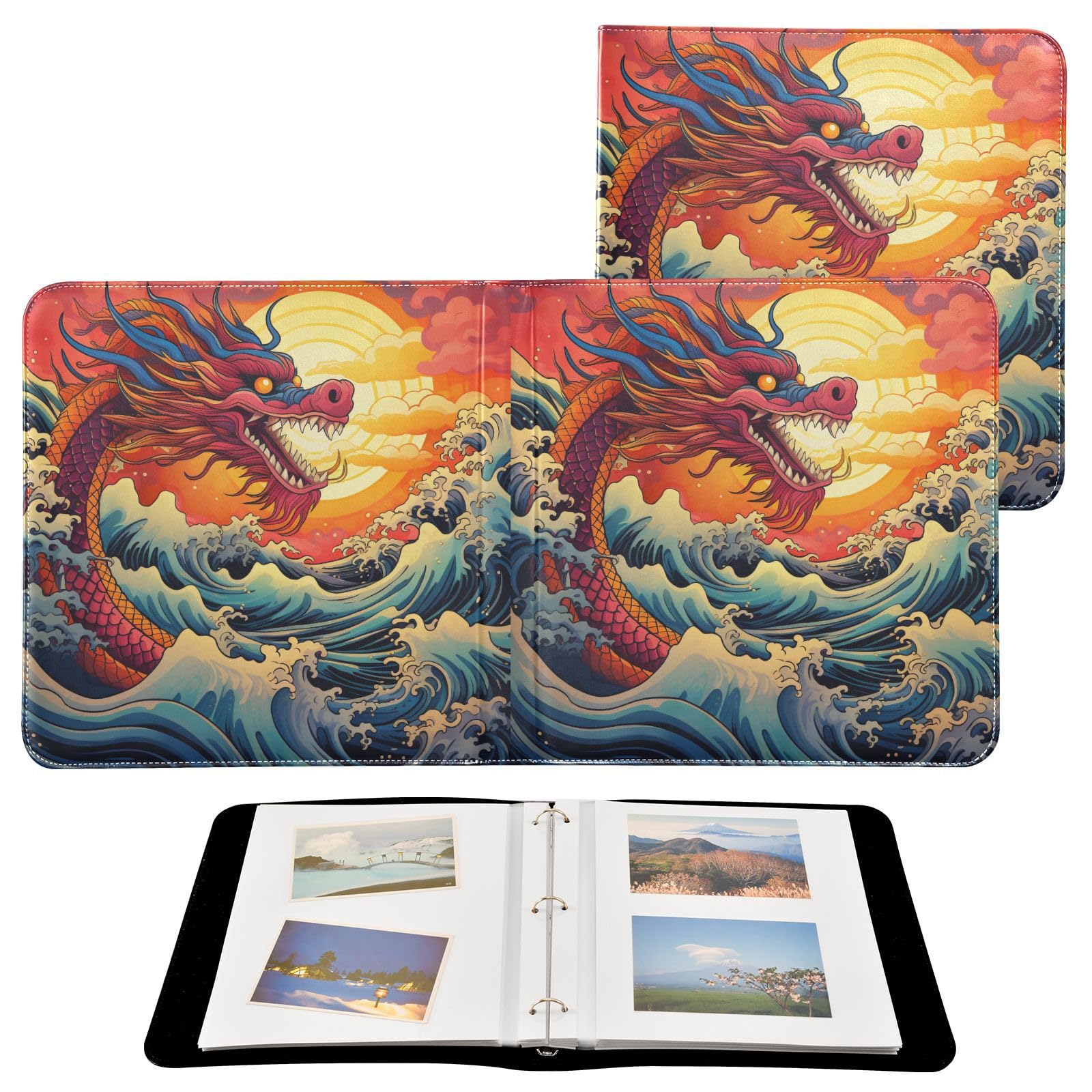 JIPONI Chinese Dragon Large Photo Album, DIY Leather Cover Scrapbook Albums for 4x6 5x7 6x8 Pictures, Self Adhesive Memory Book for Wedding, Baby, Family