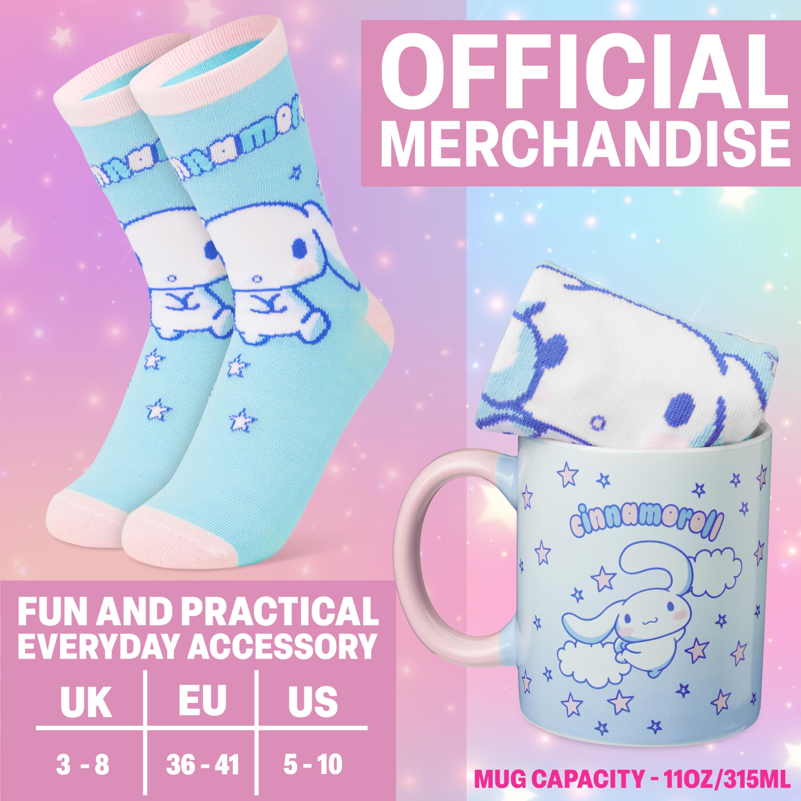 Get Trend Hello Kitty Cinnamoroll Tasse und Socken Damen Teens, 340ml/11.5oz Keramik Kaffeebecher, Weich Kuschelsocken 36–41 Größe, Sanrio Geschenke für Frauen (Blau Cinnamoroll)