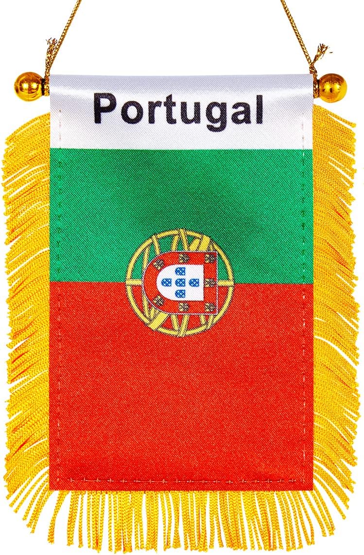 WXTWK 3 X 5 Inch Portugal Flag Portuguese Window Hanging Flag Small Mini Car Flags Banners Rearview Mirror Decoration With Suction Cup Golden Fringy Banner