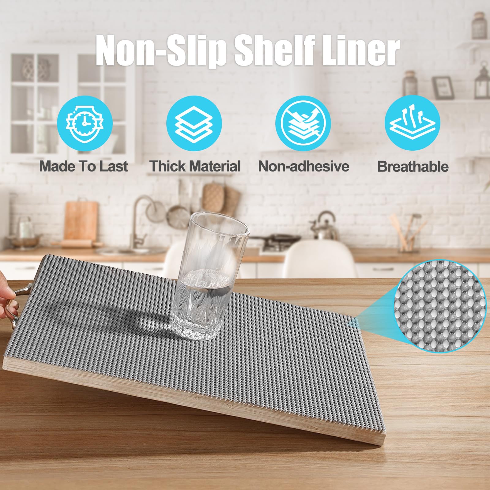Songrey Non-Adhesive Drawer and Shelf Liner, 12IN x 20FT Non Slip Cabinet Liners, Protect Kitchen Cupboard, Bathroom Drawers, Breathable, Thick Strong Grip mat (Dark Gray)