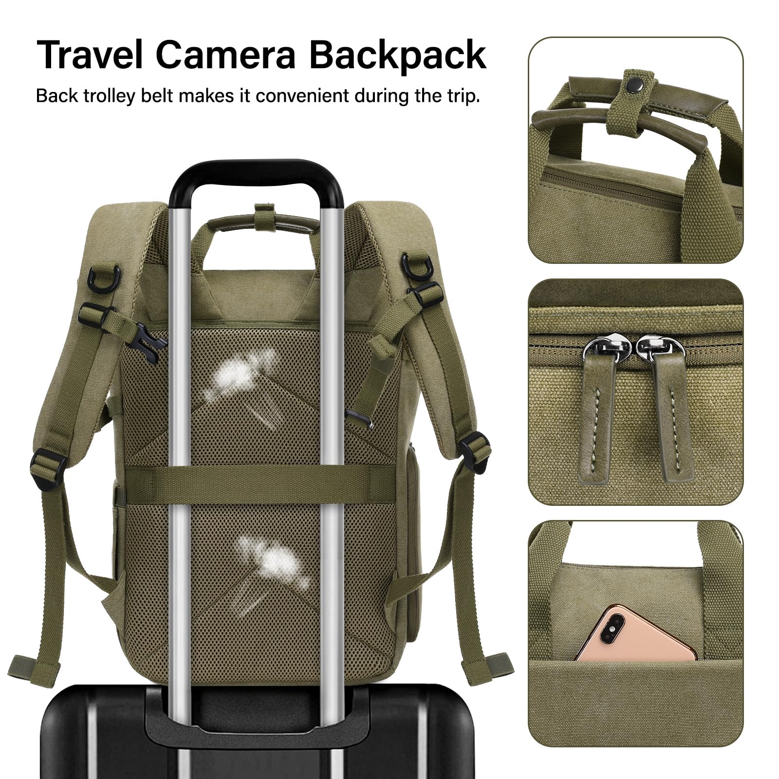 Mochila para cámara DSLR/SLR/SLR/sin espejo con soporte para trípode y compartimento para laptop de 15 a 16 pulgadas y mango de poliuretano, mochila de lona para fotografía compatible con 7