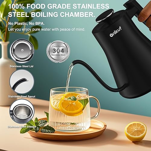 Miniatura 5 de Hervidor eléctrico de cuello de cisne de 0.8 litros. Hervidor de té negro mate con apagado automático, protección para hervir seco y diseño sin BPA,
