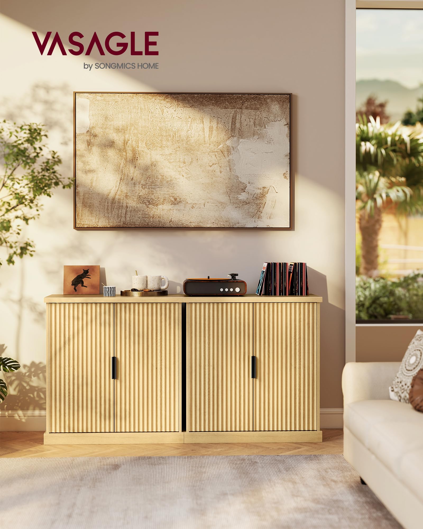 VASAGLE MAXE Colección - Aparador, Armario de Almacenamiento con Estantes Ajustables, Puertas Acanaladas, Estilo Transicional, para Cocina, Comedor, Beige Roble BBK344Y01