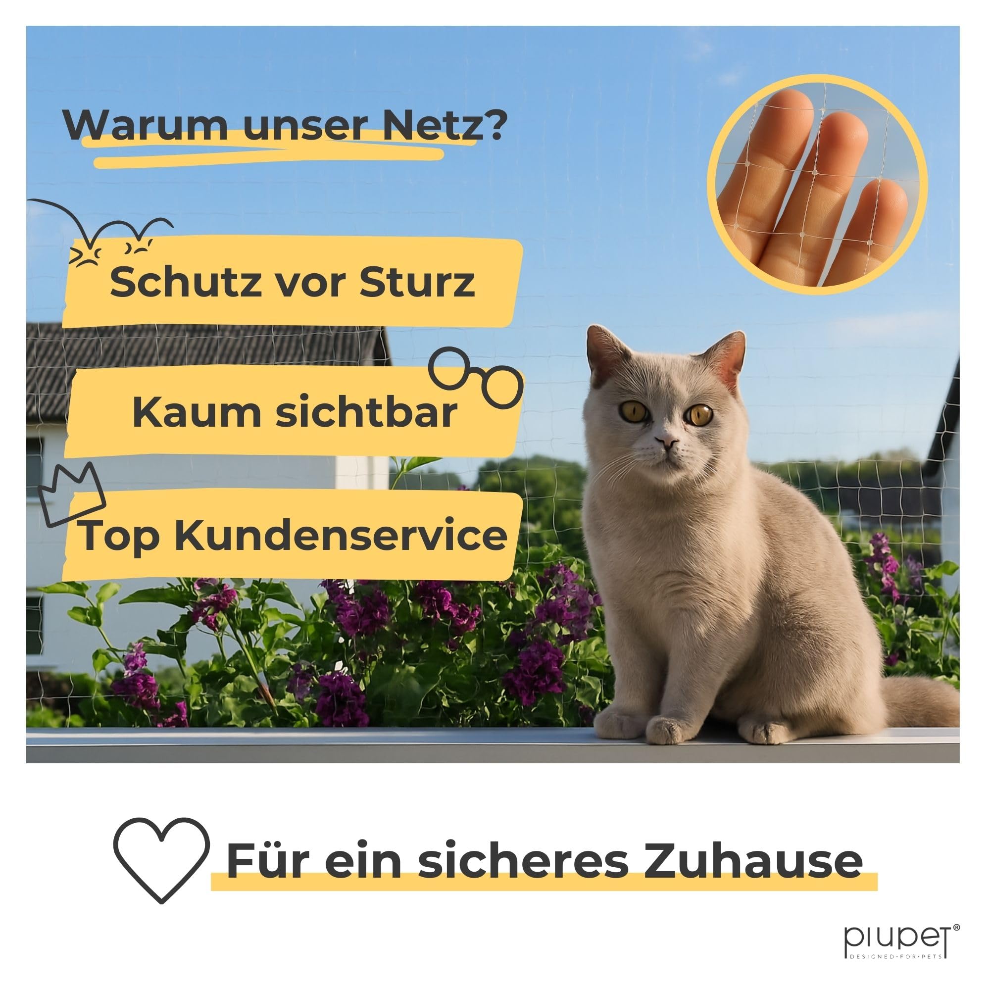 PiuPet® Katzennetz für Balkon I 8x3m I transparent I inklusive Montagematerial I Katzennetz | Katzenschutz Fenster I Katzen Balkonnetz I Ideal für uneingeschränkte Sicht