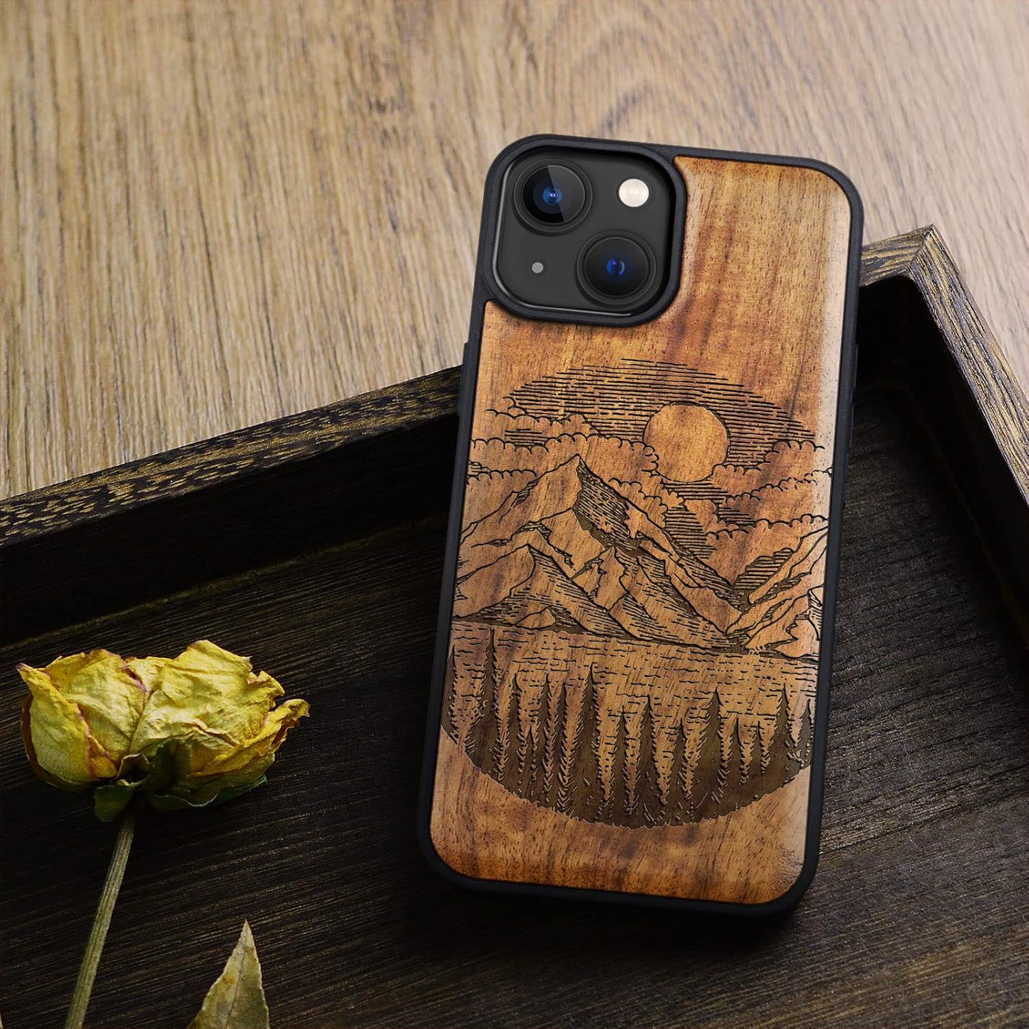 Carveit Magnetic Wood Case for iPhone 14 Case [Natural Wood & Black Soft TPU] Unique & Classy Wooden Shockproof Protective Cover Compatible with magsafe (Alpine Lake -Walnut)