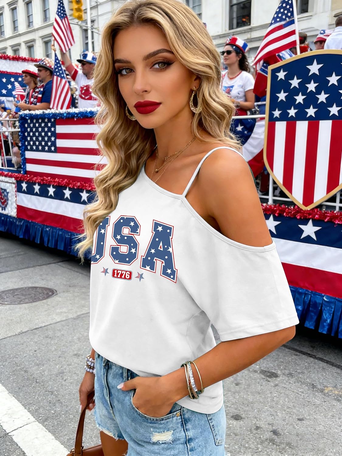 PECHAR 4th of July Shirts Women USA Patriotic Off Shoulder T Shirt American Flag Spaghetti Strap Tees Loose Fit Tops