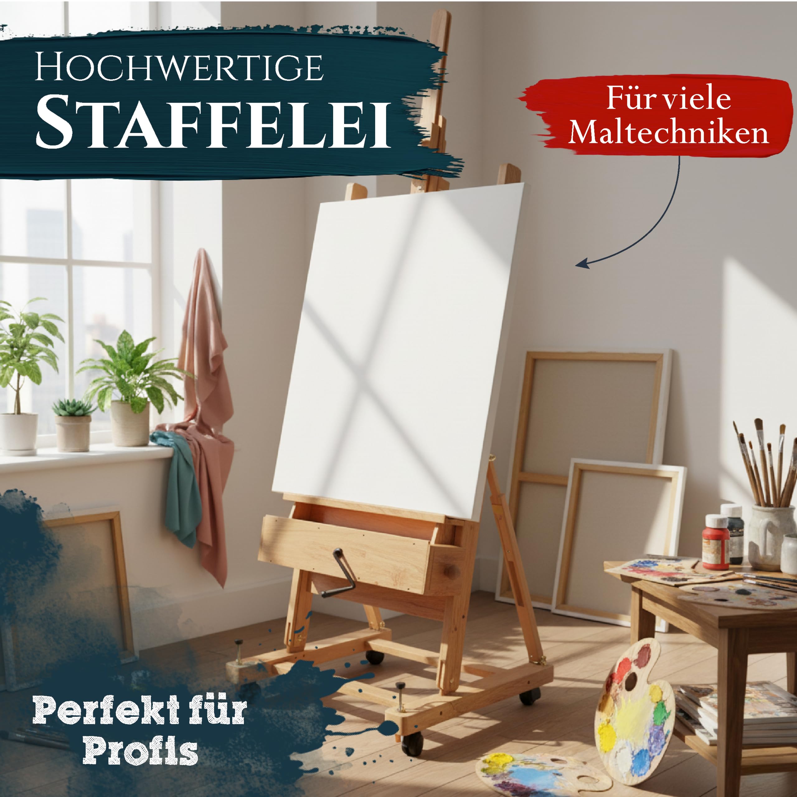 Artina Staffelei Holz Profi Atelierstaffelei für Keilrahmen bis 210cm | rollbare Studiostaffelei aus massivem Buchenholz Mobile stufenlos verstellbar Rollen Künstlerstaffelei Pisa