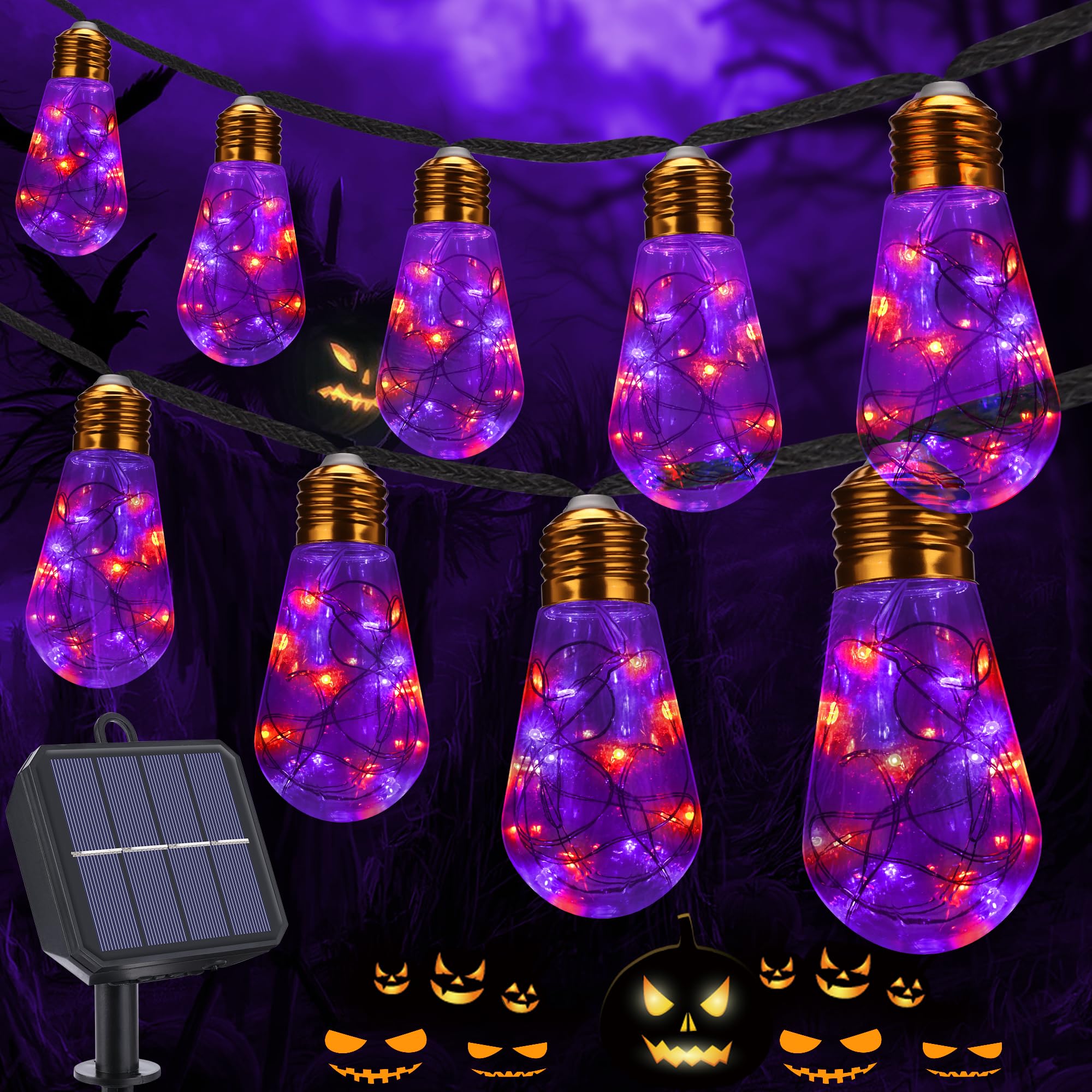 Geemoo Halloween Decorazioni Esterno, 8M 160LED Luci Stringa Solare con 16 Lampadine,Arancia Viola Catena Luminosa con Impermeabile, 8 Modalità, per Halloween Giardino Balcone Patio Festa Interno