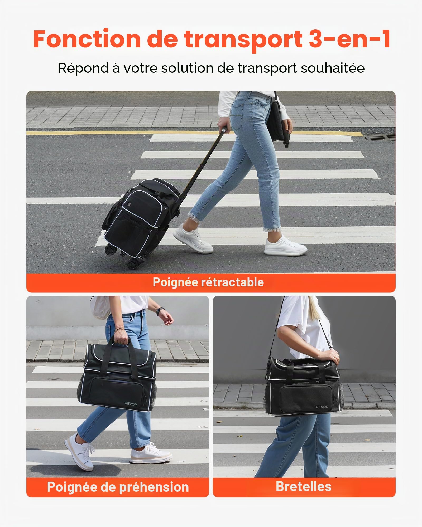VEVOR Sac de Bowling à roulettes, Valise de Transport pour 2 Boules, avec Compartiment pour Chaussures, Poche pour Accessoires Surdimensionnée et Poignée Rétractable Extensible, Noir et Blanc