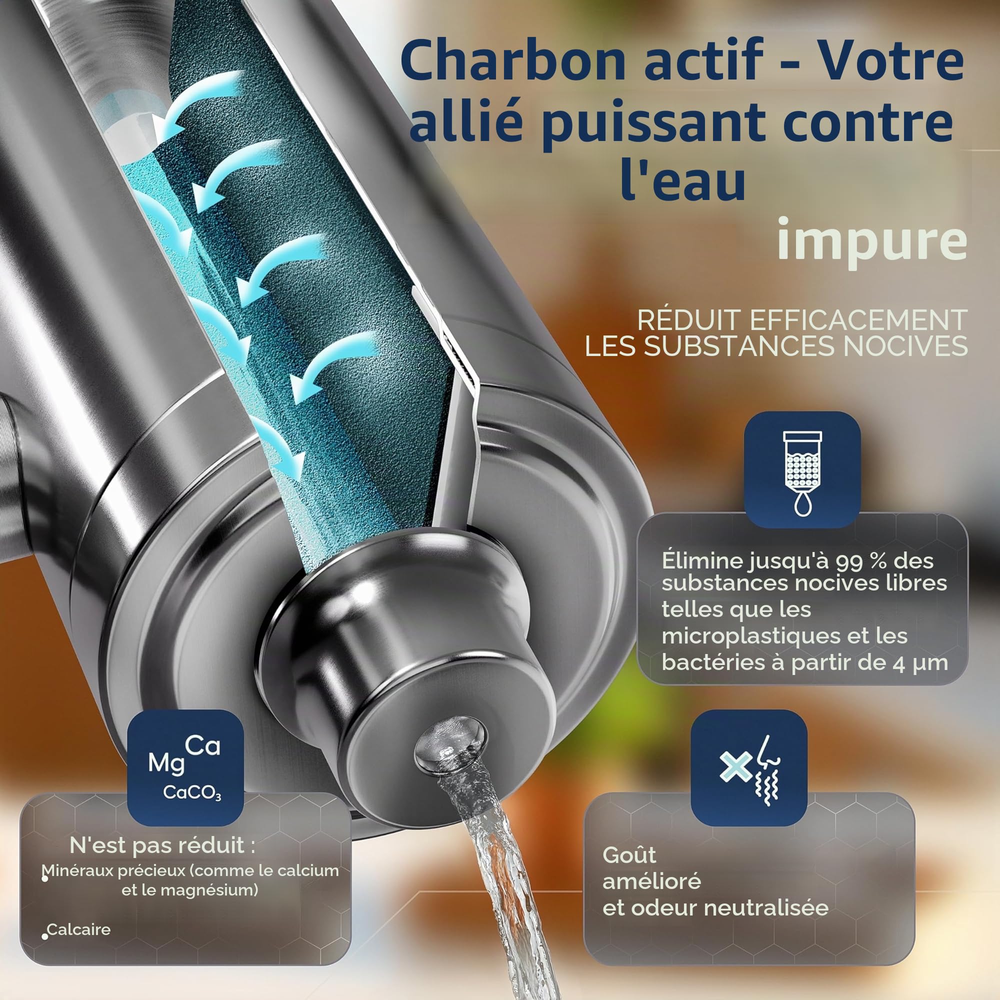 VILTARO® Robinet filtrant à eau - Filtre à charbon actif - Sans BPA, acier inoxydable, montage facile, élimine les polluants