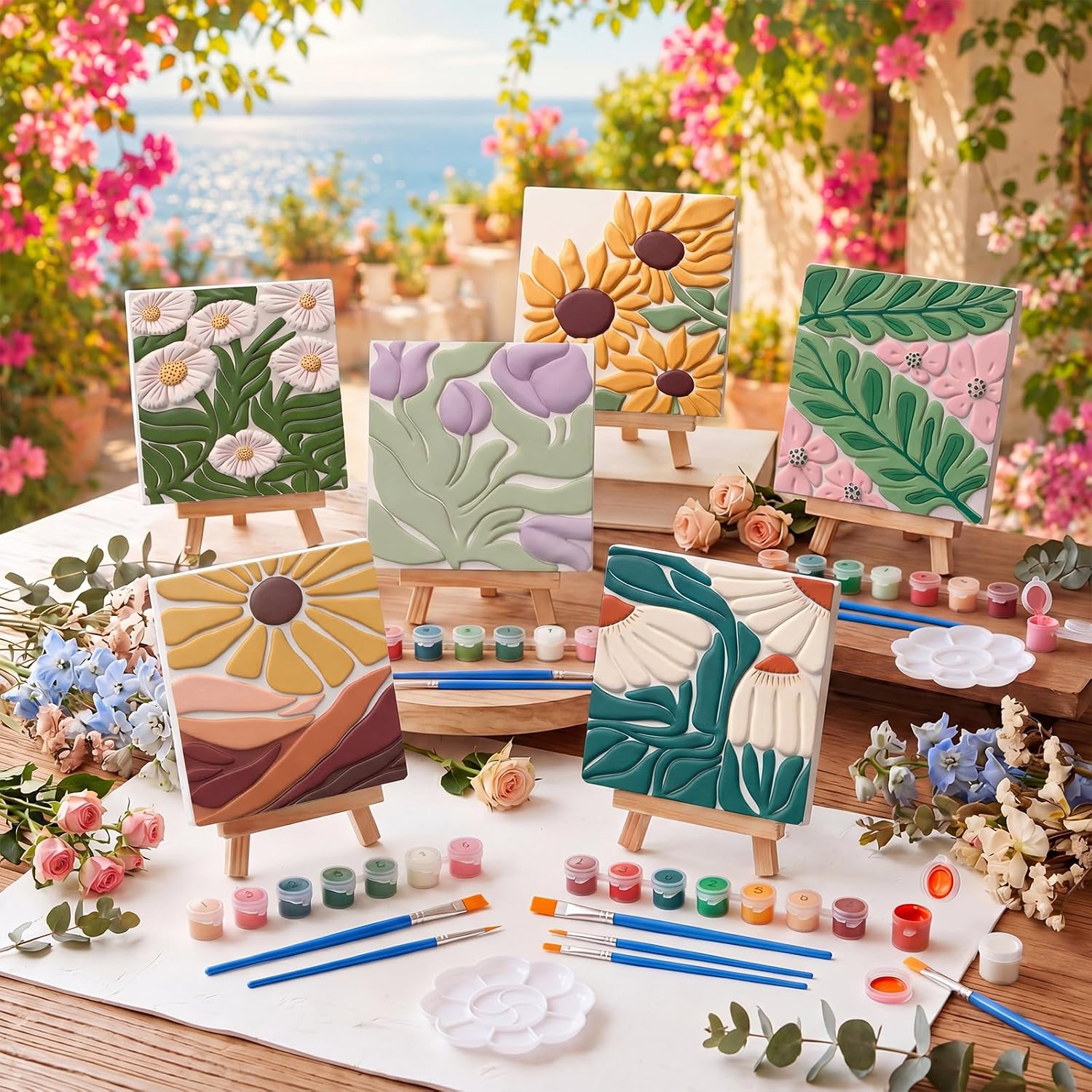 JellyArch 6 Set 3D Vintage Floral Ceramic Painting Kit Ready to Ceramics Make Your Own Crafts Unpainted Plaster Painting Acrylic Paints Brushes Easel Palette Party Favor