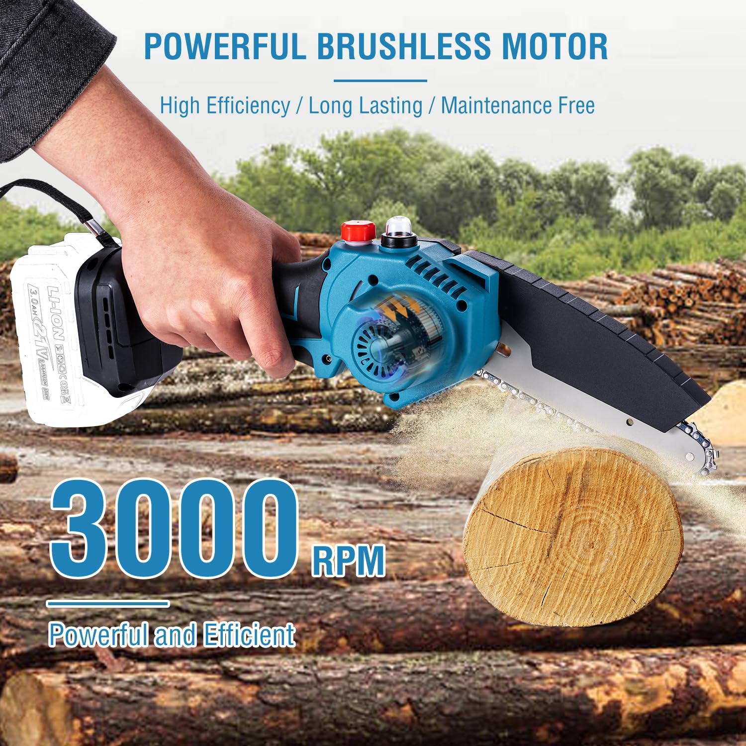 KATSU FIT-BAT Motosierra Batería Brushless 21V 6 Pulgadas sin Escobillas con Cadena Adicional y Bomba de Aceite Manual, para Cortar Ramas de árboles Madera, sin Batería