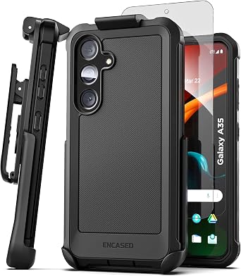 Encased for Samsung Galaxy A35 5G Phone Case with Belt Clip Holster and Screen Protector Tempered Glass Heavy-Duty Protective Rugged Cover Falcon Series, Black
