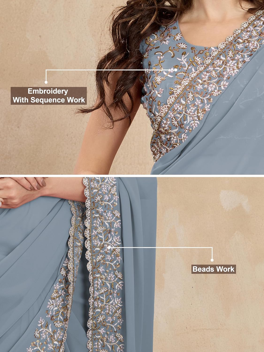 TRENDMALLS Women's Georgette Lakhanvi Embroidery with Sequence Moti work Women Saree