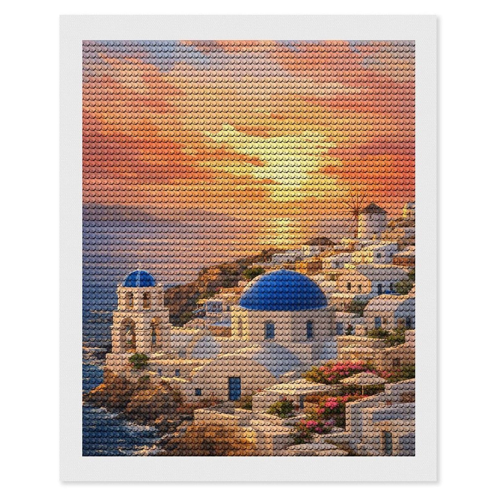 Junmoney Santorini Sunset Village Painting DIY Diamond Art Canvas Kit 16"x20", Pleasing Wall Art Project, Easy Handmade Project, Living Room Decor