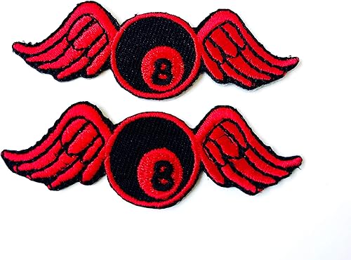 Miniatura 2 de TH - Juego de 2 minúsculas minúsculas rojas de 8 bolas de billar con alas voladoras, parches de dibujos animados lindos para coser para planchar en