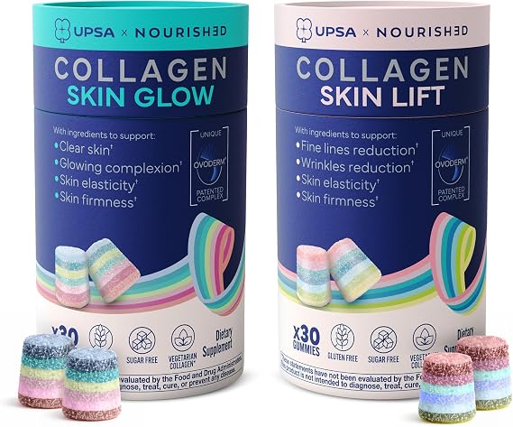 Upsa Nourished Collagen Skin Glow & Skin Lift Bundle Ovoderm Egg Membrane Complex with Vitamin C, Zinc, Niacinamide & Selenium Hair Skin & Nail Support 30 Gummies Each (2 Pack)