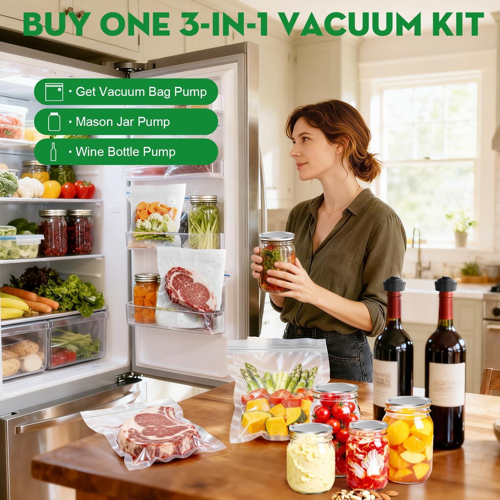 Sigillatrice sottovuoto 3 in 1 per alimenti, compatibile con sacchetti sottovuoto, barattoli, bottiglie di vino, macchina sottovuoto compatta (nera), sacchetti, coperchi per barattoli di