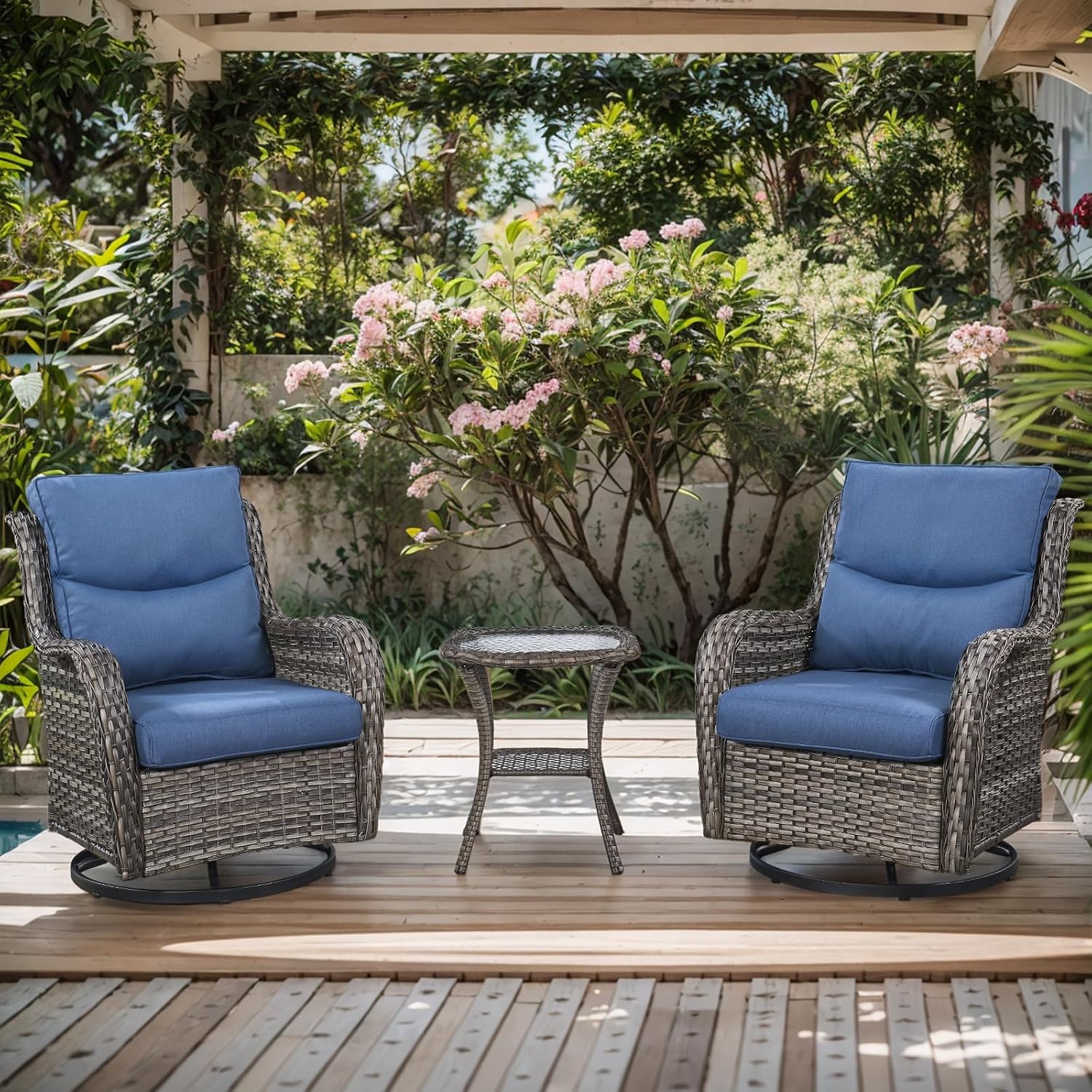 Patio Swivel Chairs with Smile-Shaped Cushions, 3 Piece High Back Glider Chairs with Side Table 3PCS PE Rattan Luxury Wicker Swivel Patio Chairs Set Grey Blue Cushions