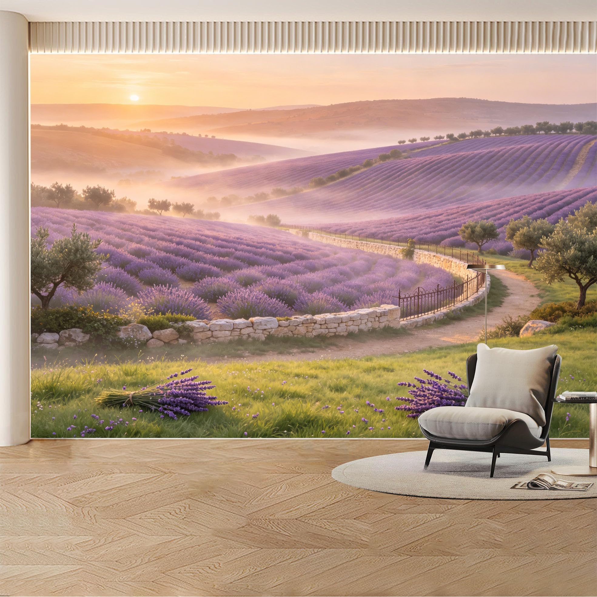 Custom Wall Mural Wallpaper Lavender Field Landscape， Nature， 3D Effect， Wall Decor， Sunset， Misty Removable SelfAdhesive Large Photo for Living Room， Bedroom， Office