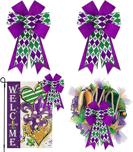 ALIBBON 2 Pcs Mardi Gras Bows for Wreaths, Mardi Gras Wreath Bows, Fleur de Lis 