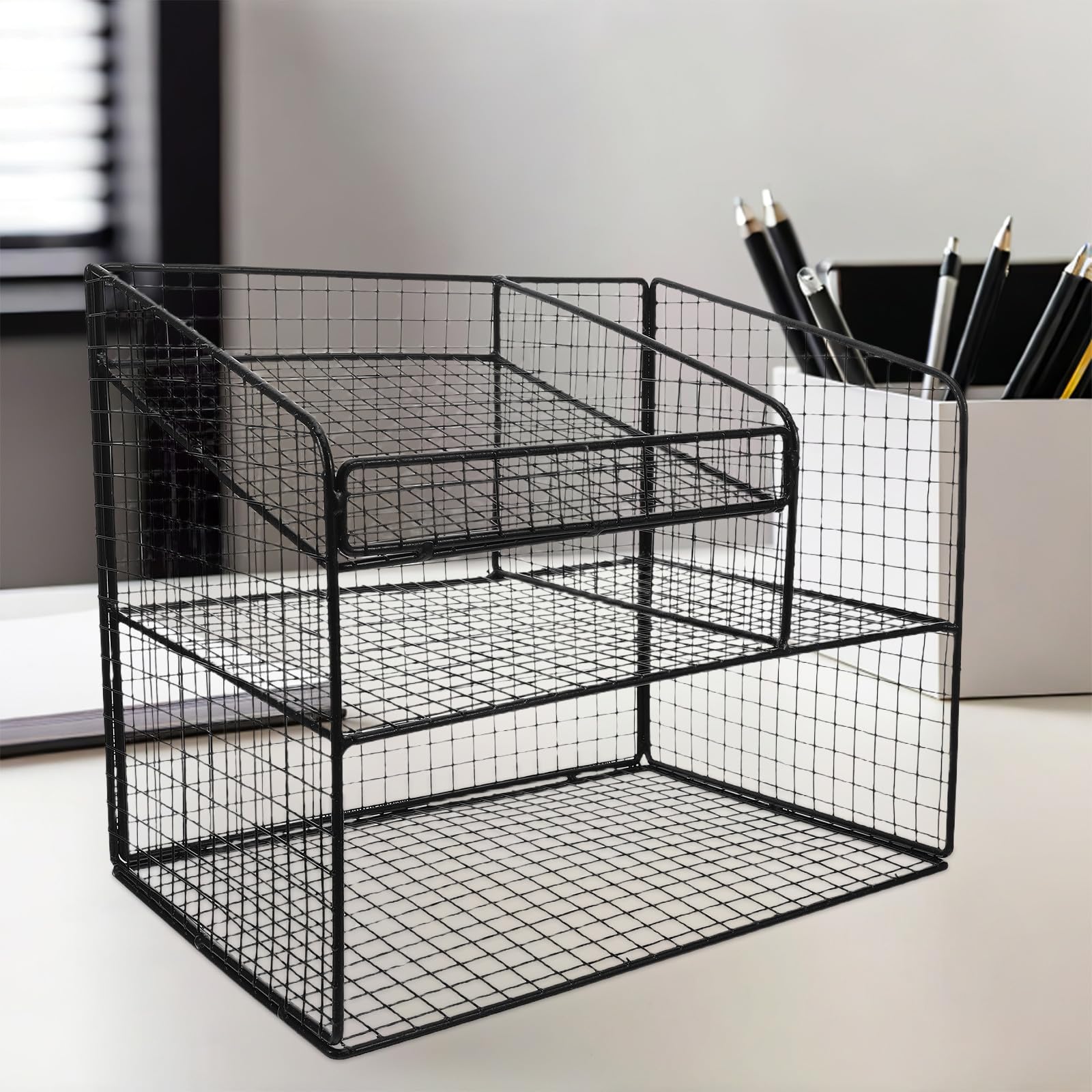 PACKOVE Organizer da Scrivania in Rete a 3 Livelli, Acciaio al Carbonio