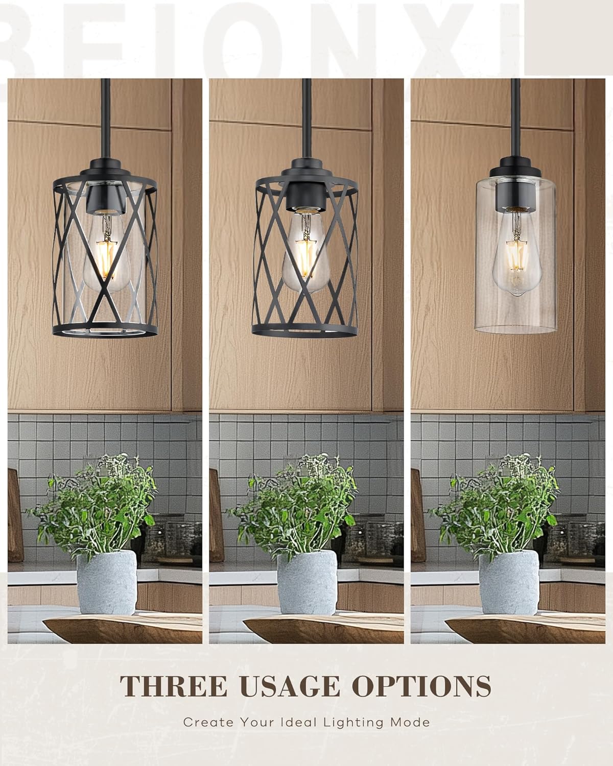 Beionxii 2 Pack Glass Pendant Lights Kitchen Island, Black Modern Kitchen Pendant Lighting Over Island, Farmhouse Industrial Cage Hanging Lighting with Clear Glass for Sink, Dining Room, BX-PL07BK-2PK