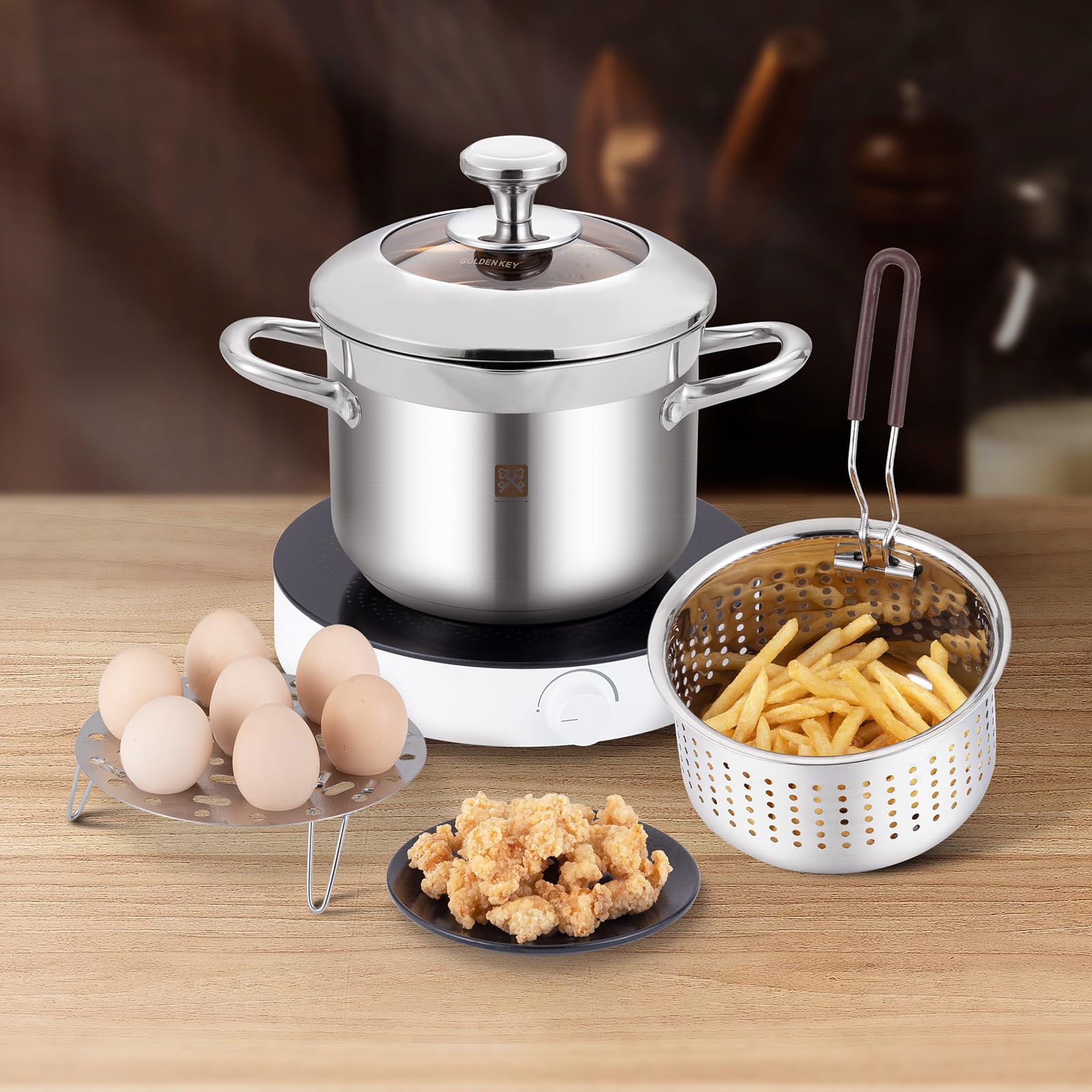 Edelstahl Frittiertopf 4L, Fritteuse mit Sieb und Deckel,Fritteusentopf Dampfgarer Mehrzweck-Kochtopf Zubereiten von Hähnchenflügeln Meeresfrüchten Pommes frites Calamares