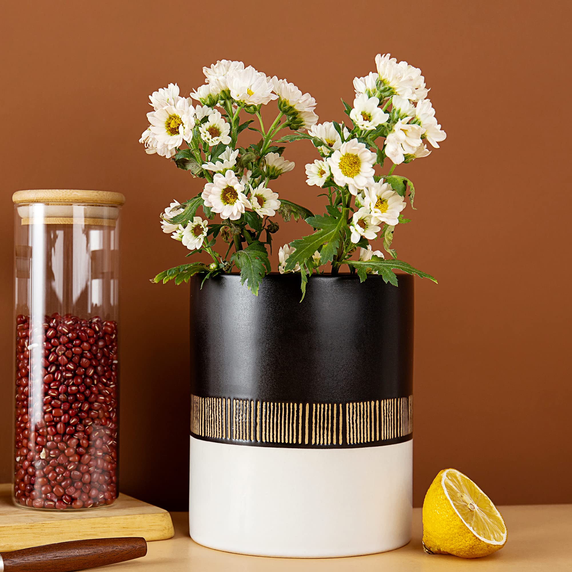 Portautensili Da Cucina In Ceramica Retrò Con Girasole In Rilievo - Organizer Per Spatole E Mestoli, 14,5x17,8 Cm
