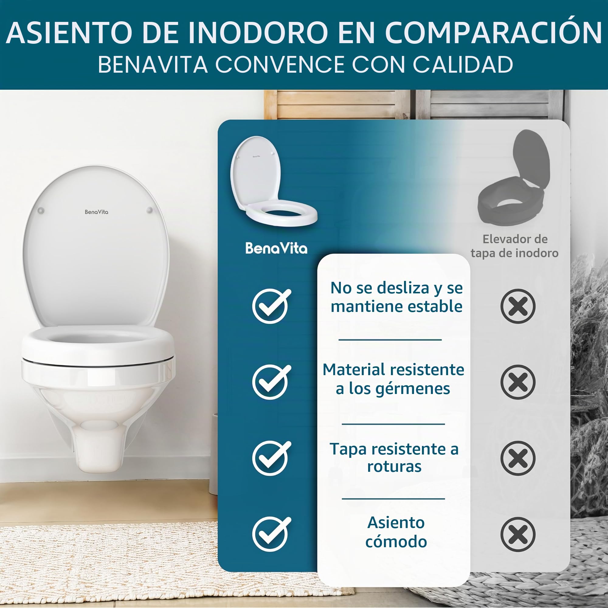 Elevador de Inodoro 5 cm Duroplast, Fijación Superior e Inferior | Asiento Elevado con Descenso Automático para Sentarse Cómodamente, Soporta hasta 175 kg, con Fijación Superior e Inferior