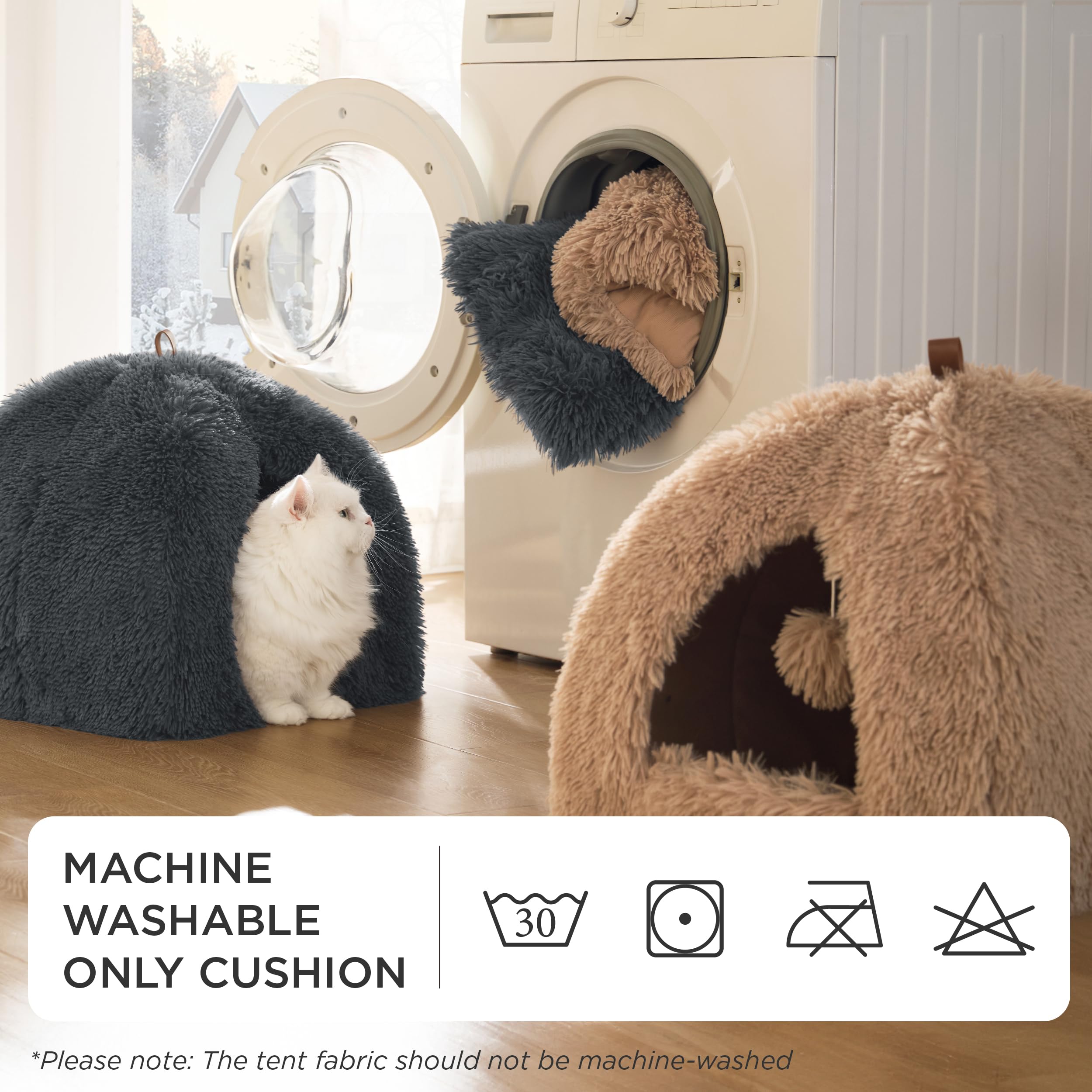 Bedsure Cuccia per gatti grande - 44x44x44 cm Casetta per gatti in peluche per interni con cuscino rimovibile e giocattolo appeso, lettino per gatti lavabile, cammello