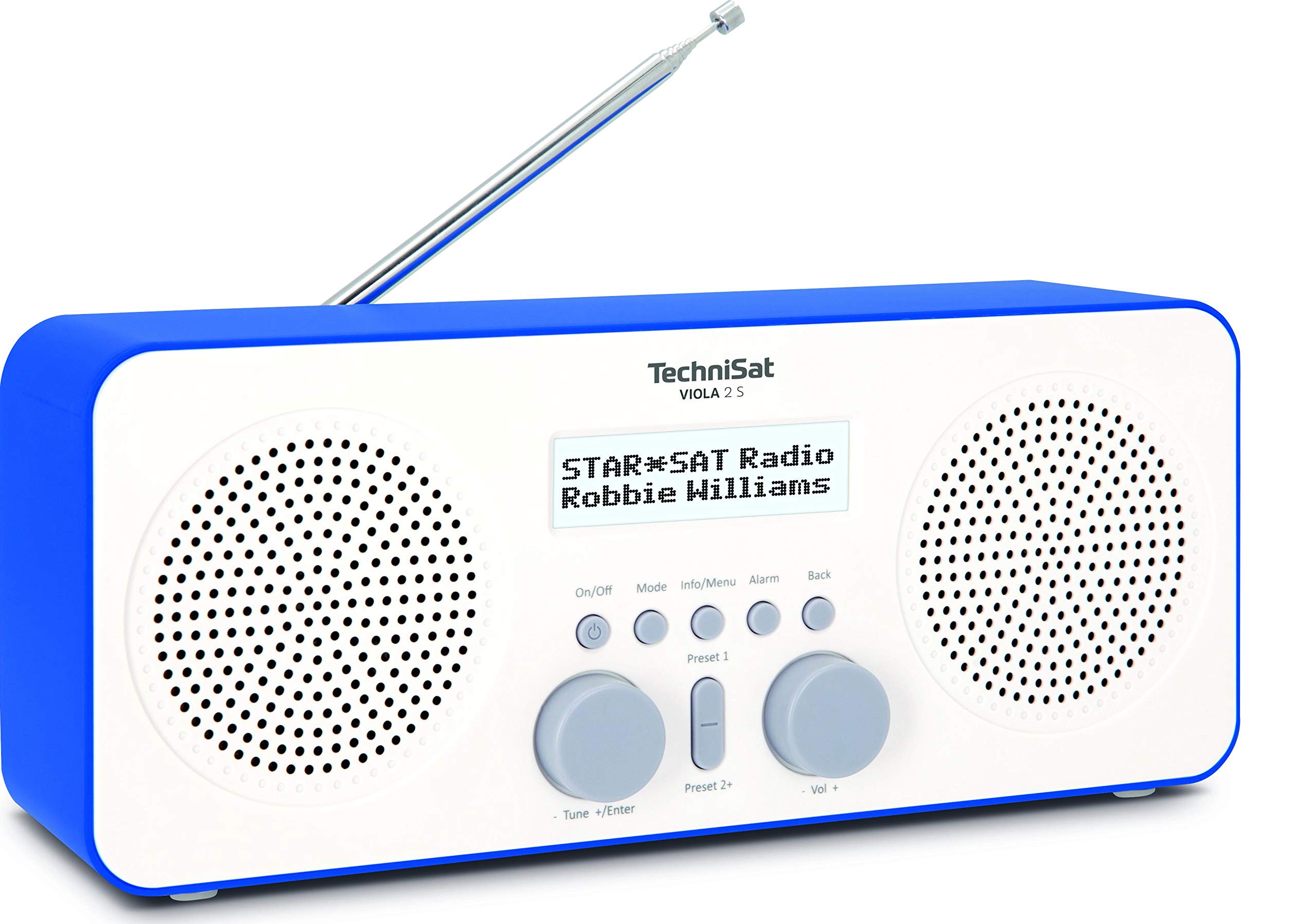 TechniSat VIOLA 2 S - przenośne radio DAB (DAB+, UKW, budzik, głośnik stereo, gniazdo słuchawkowe, Aux-In, wyświetlacz dwuwierszowy, sterowanie przyciskami, 4 W RMS) biały/niebieski
