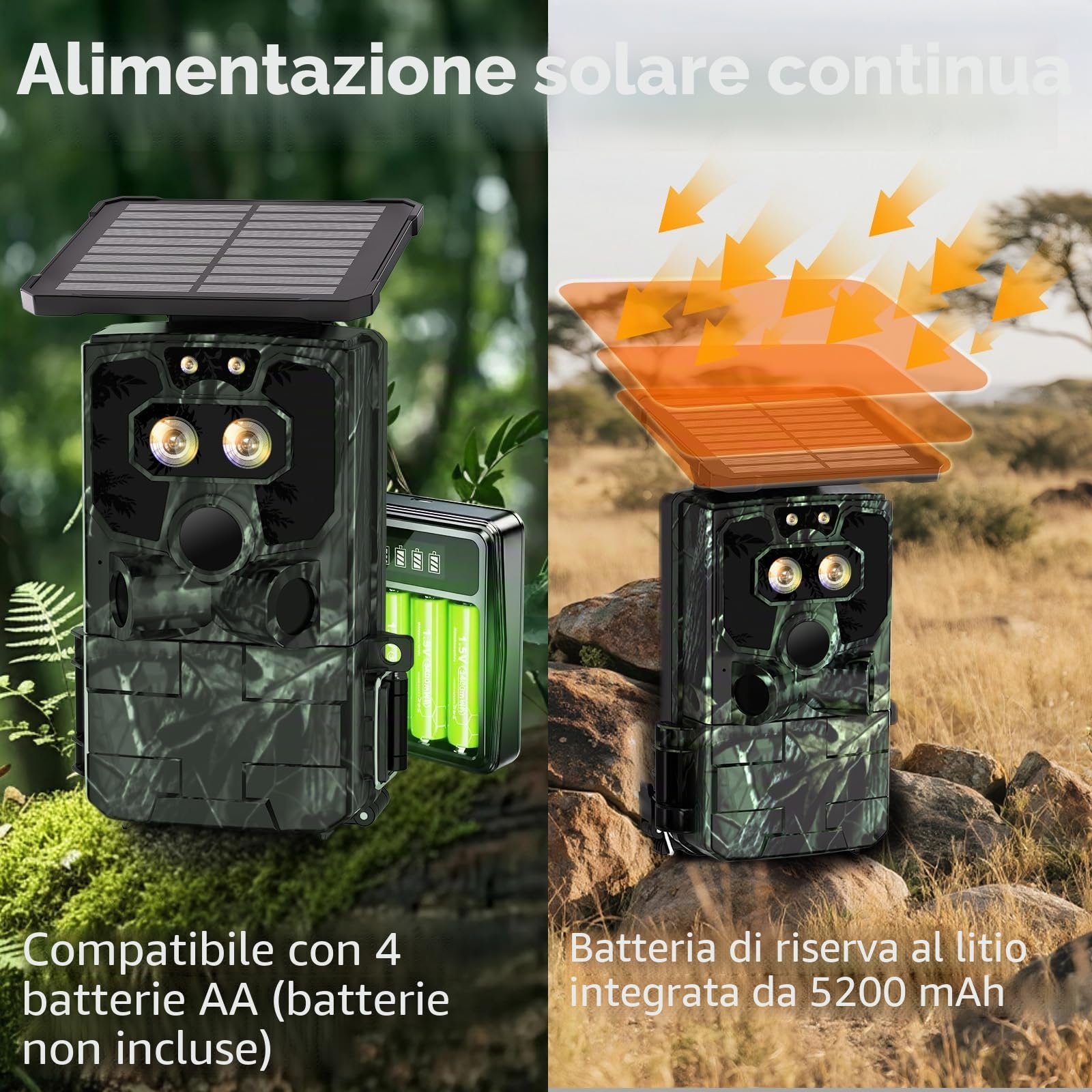 VOOPEAK Doppia lente solare per selvaggina Wi-Fi 4K 60MP, luce stellata, visione notturna, con trasmissione del cellulare, APP, telecamera per animali selvatici con visione notturna, sensore di
