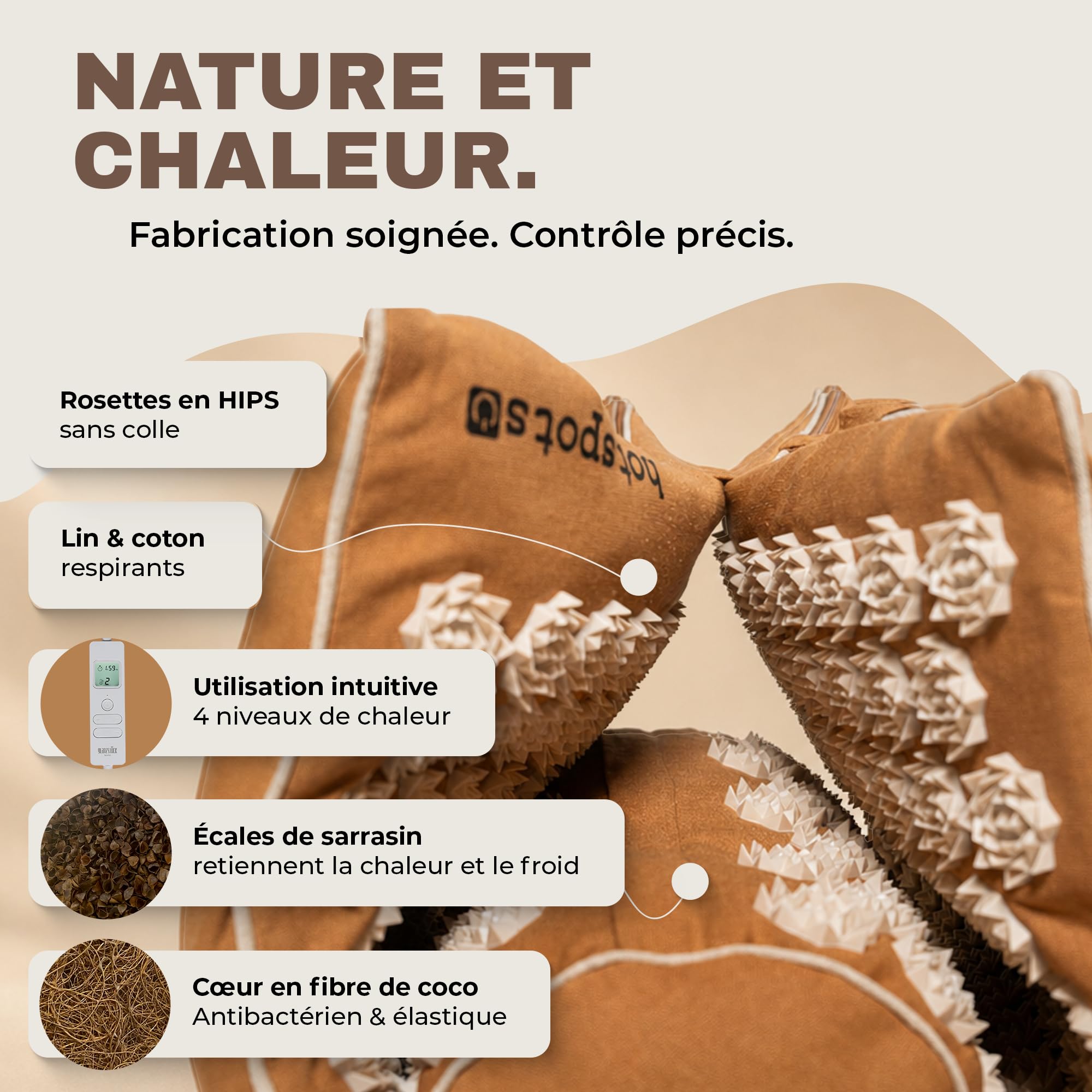 Glanzstück Berlin® Tapis d'acupression chauffant – Hot Edition avec fonction de chaleur et 4 niveaux de chaleur, kit avec traversin de nuque, 6 850 pointes de fleurs pour le dos et le cou | 72 × 42 cm