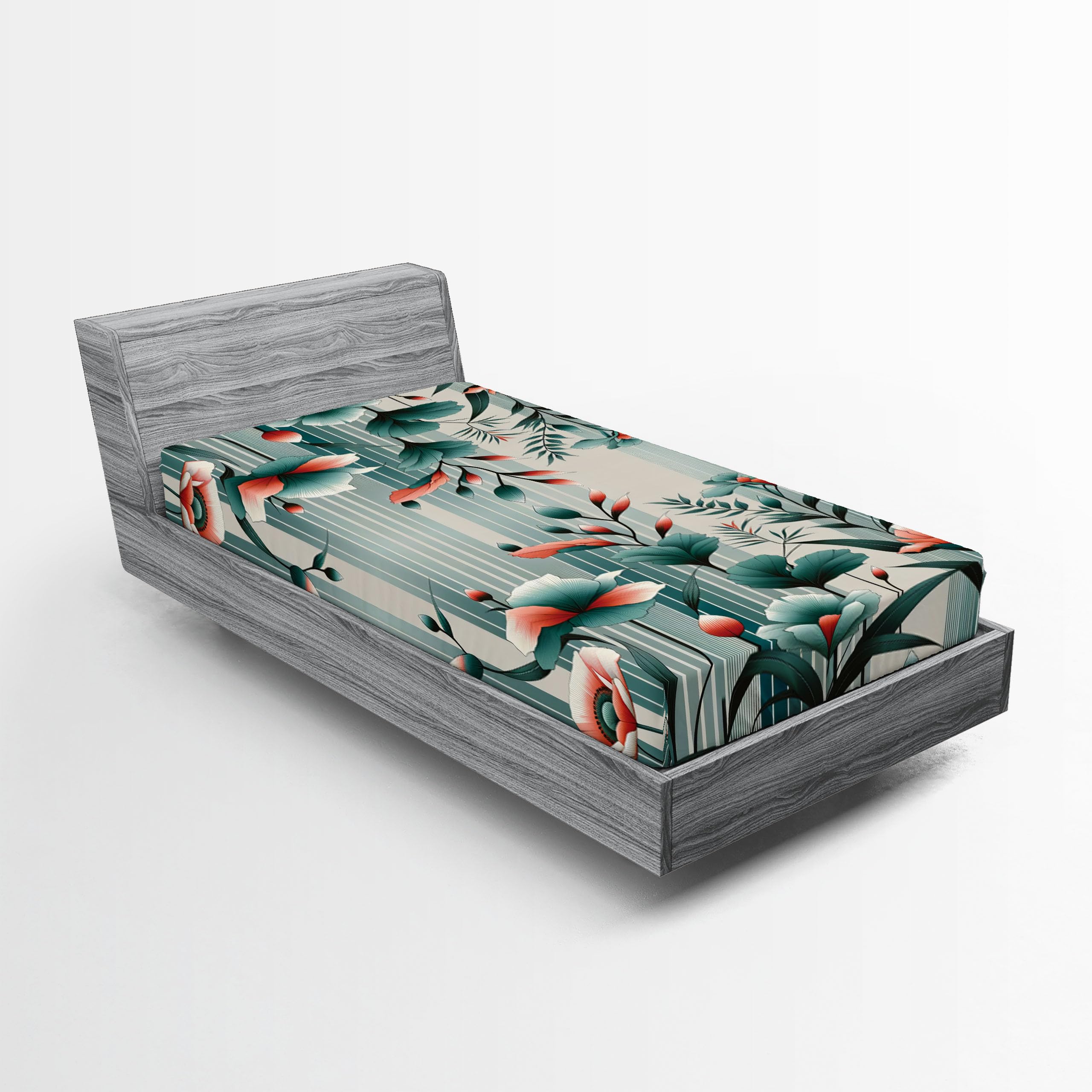 Ambesonne Floral Fitted Sheet Set, Modern Anime Tones Blooming Iris Flowers with Abstract Lines Art Botany, Bed Cover with All-Round Elastic Deep Pocket 2 Pcs, Twin XL Size, Cadet Blue Dark Salmon