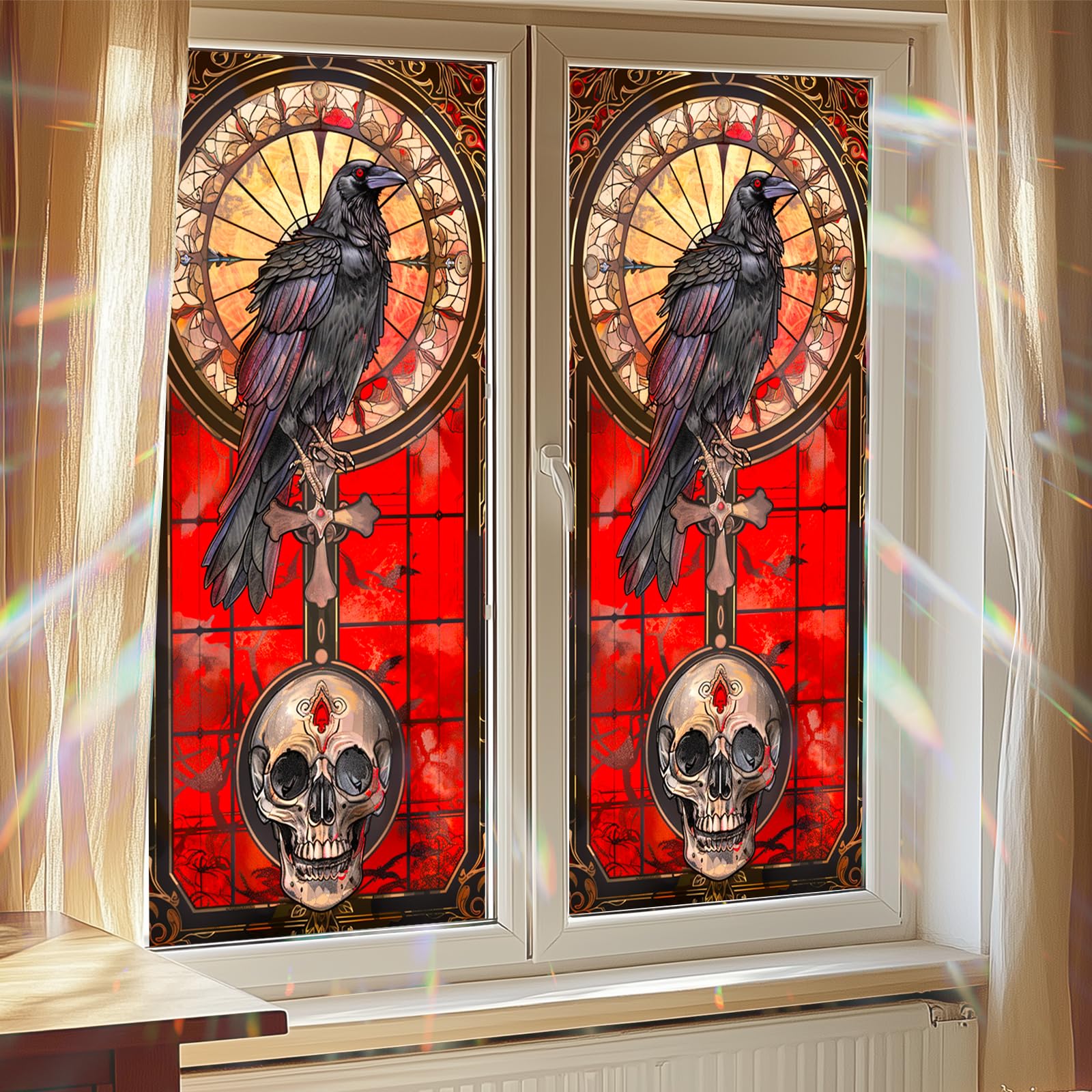 HOMETITUTE Privacy Window Film Gothic Stained Glass Crow Skull Cross Decorative Window Cling Static Cling Glass Sticker Dark Sacred Art Style 17.7 x 39.3 Inch