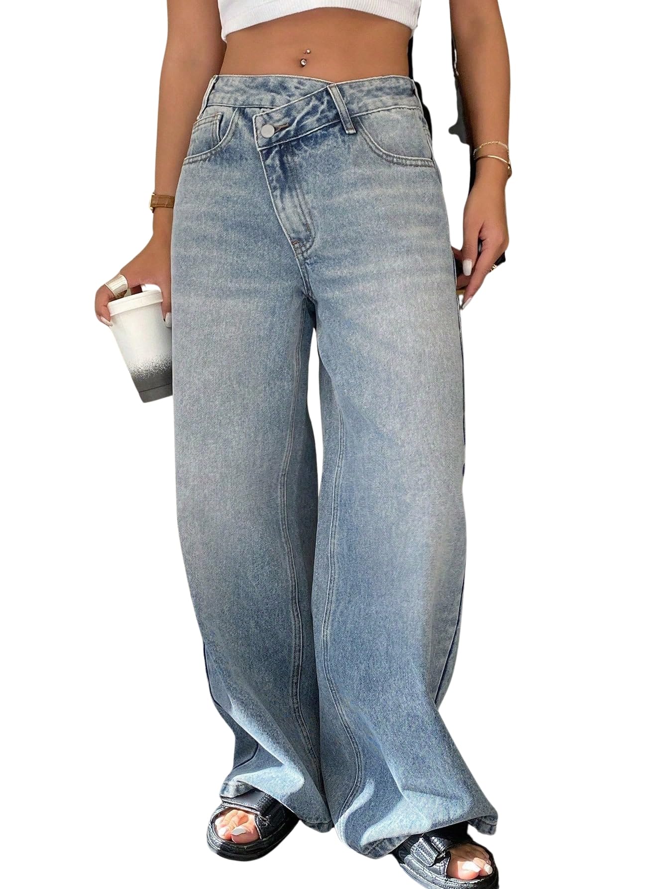 glossia Wide Leg Jeans for Women High Waist Stretchable Washed Denim with Asymmetric Crossover Waist | Soft Cotton Spandex Bottom Wear (WJ-2408-$)-picture-15