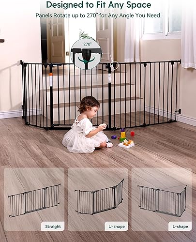 Miniatura 3 de Puerta extra ancha para bebé, puerta para perros para escaleras de casa, chimenea, 3 paneles de metal, color negro