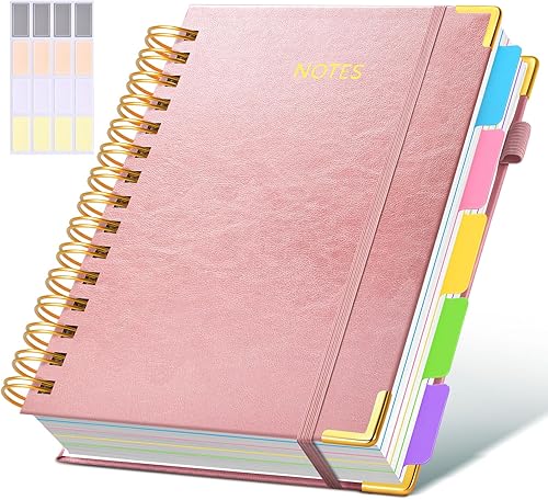 Miniatura 15 de Cuaderno universitario de espiral con tapa dura de cuero de 8 x 10 pulgadas, con pestañas separadoras extraíbles, para 5 materias, a rayas; diario