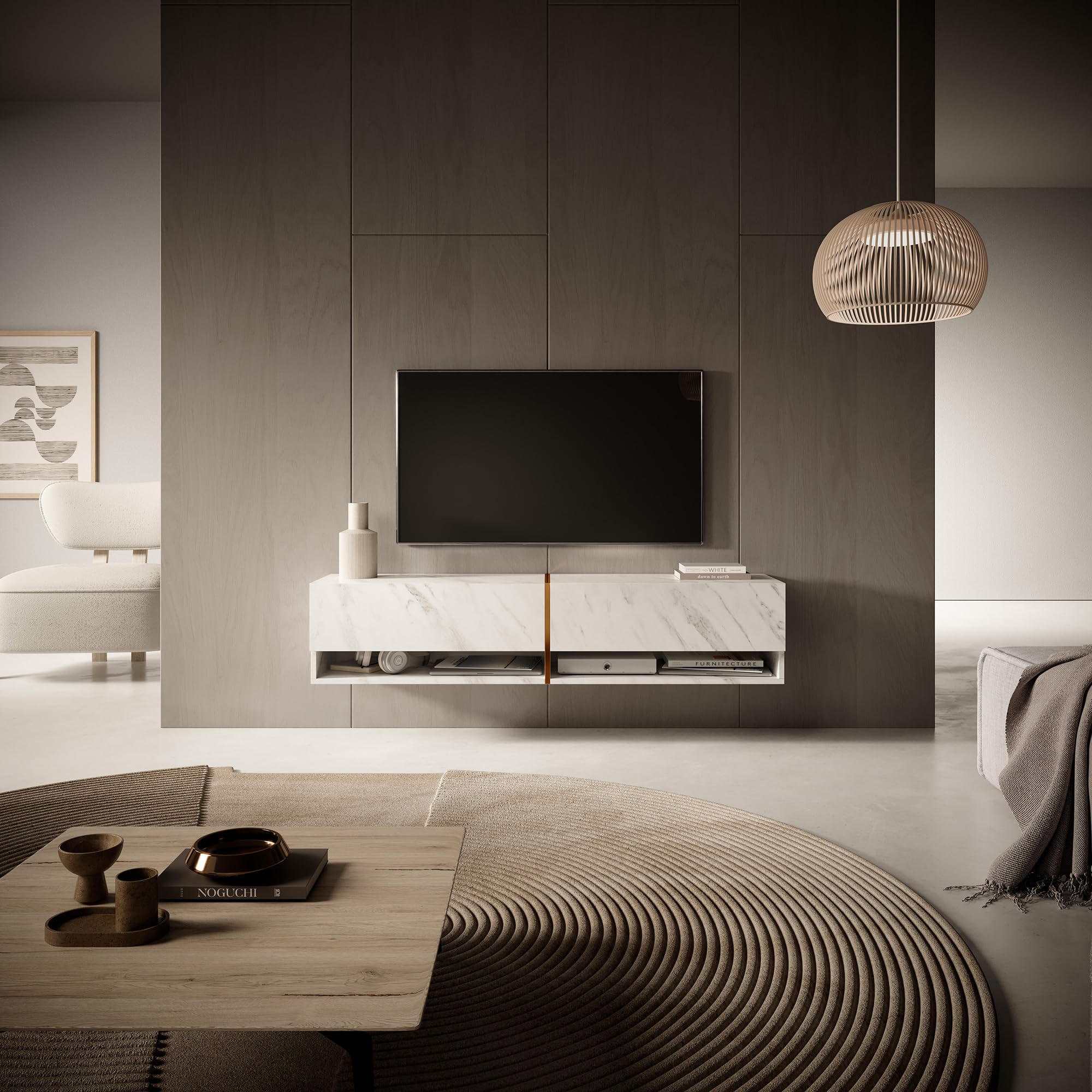 Selsey Mueble De TV Suspendido con 2 Puertas 2 Cajones Mesa De TV para Salón Dormitorio 140 cm Mármol Blanco con Inserción Dorada Mirrgo