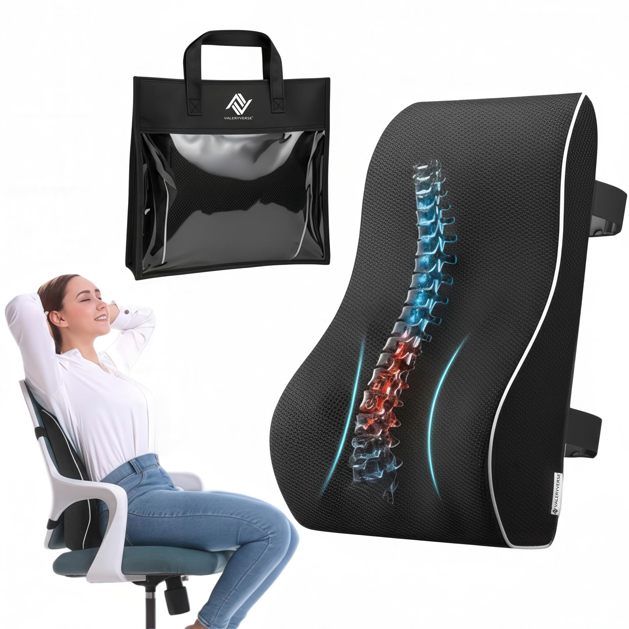 Cojín Lumbar Ergonómico Viscoelástica Alta Densidad D50 con Bolsa – Soporte Anatómico para Espalda y Cervicales – Correas de Sujeción Ajustables y Base Antideslizante – Oficina, Coche o Sofá – Negro