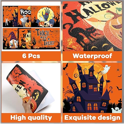 Miniatura 3 de Juego de 6 manteles individuales de plástico para Halloween, para decoración de cocina, con un paño, lavable, reciclable, naranja, para interiores y