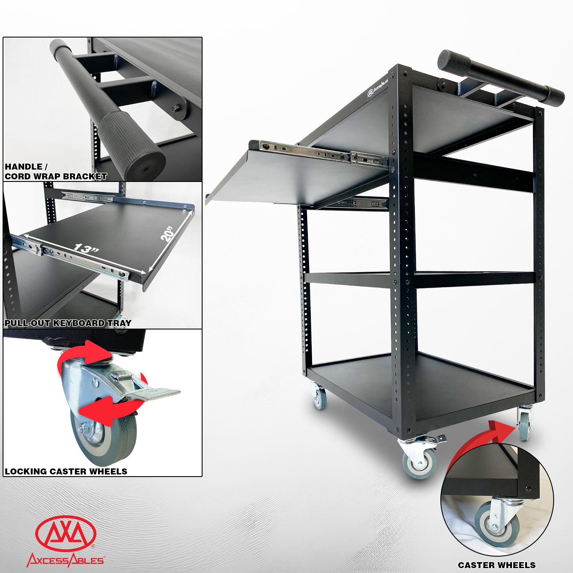 AxcessAbles AV-Wagen aus Stahl und Metall auf Rädern, rollbarer Projektorwagen, höhenverstellbare Ablage, ausziehbare Tastaturablage und Kabelwickelhalterung, hält 180 kg, einfache Montage,
