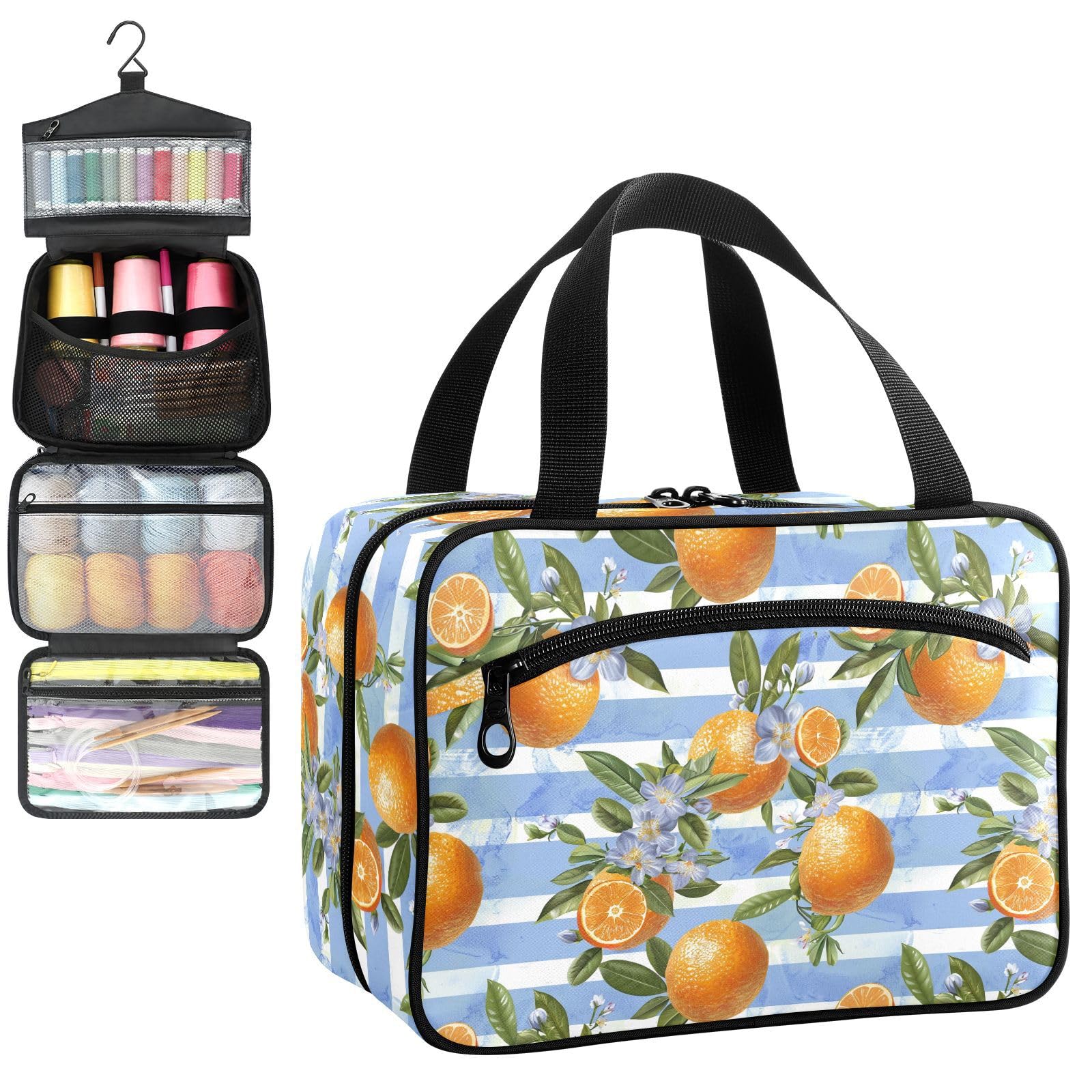 YNNALE Sewing Supply Organizer Bag, Lavender Blue White Striped Orange Fruit Portable Sewing Bags with Pockets&Hanger, Sewing Storage Box Case for Sew Supplies/Kit/Tools/Accessories (BAG ONLY)