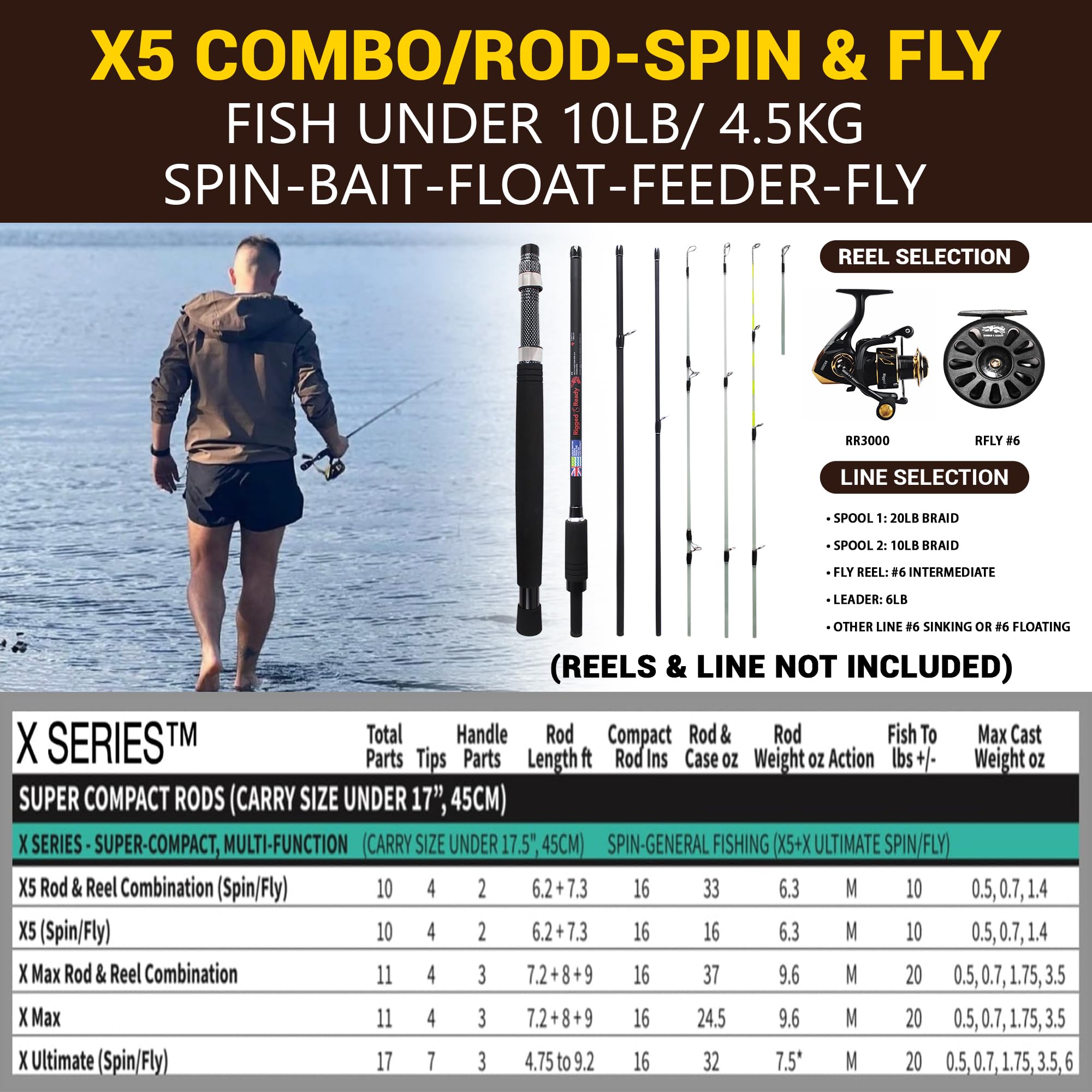 Rigged & Ready X Series™ Travel Fishing Rods. 6 Super Compact Combos and Rods, Multi-Functional, Spinning Poles. 5 to 25 Techniques from one Rod. Spin, Bass, Carp, Fly. Fresh & Saltwater Angling.